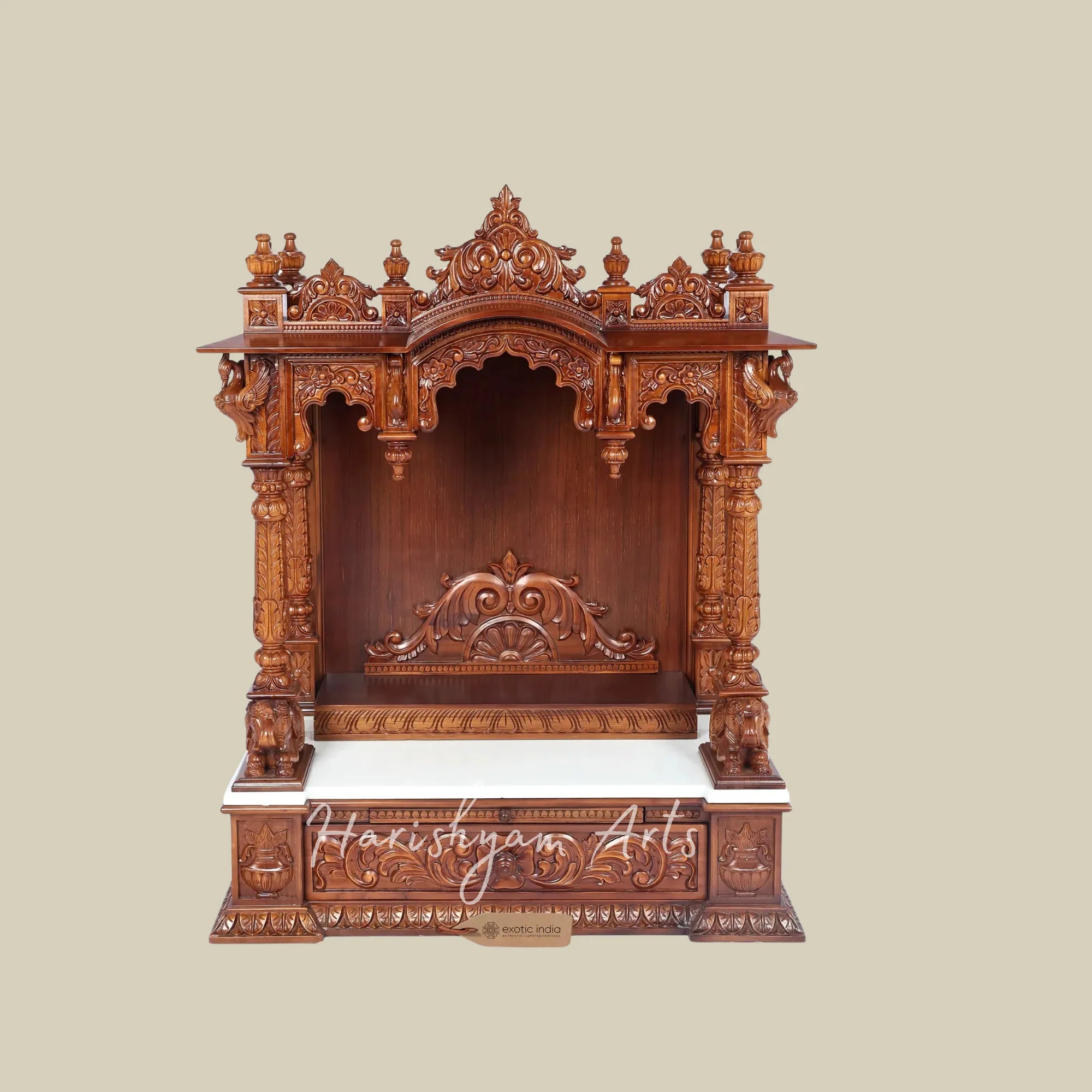 42" Large Teak Wooden Pooja Mandir with Ornate Crown Top and Traditional Carved Pillars for Home Worship