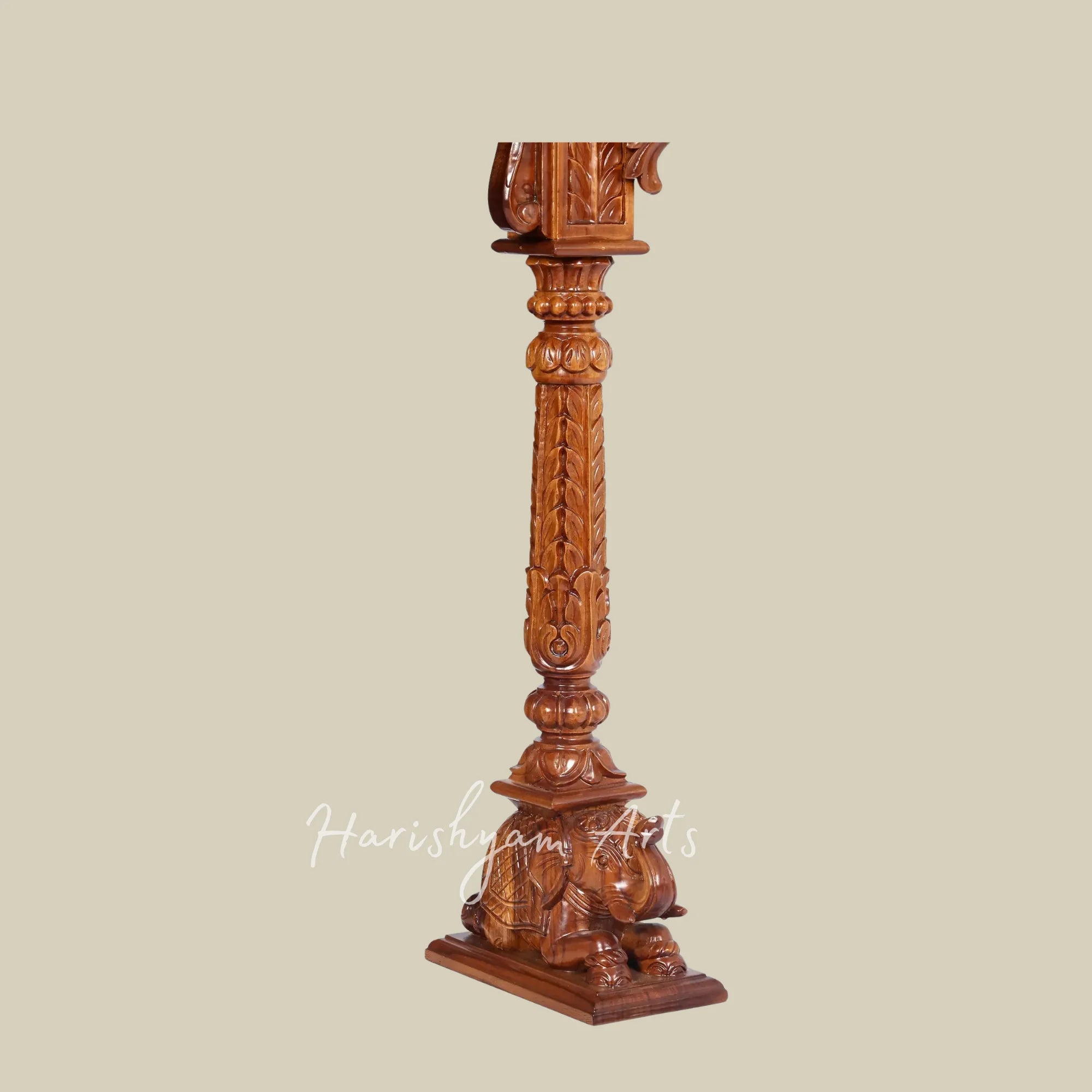 42" Large Teak Wooden Pooja Mandir with Ornate Crown Top and Traditional Carved Pillars for Home Worship