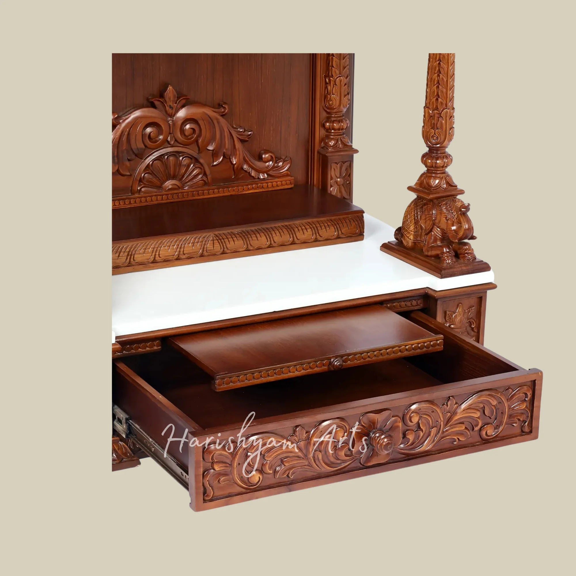 42" Large Teak Wooden Pooja Mandir with Ornate Crown Top and Traditional Carved Pillars for Home Worship