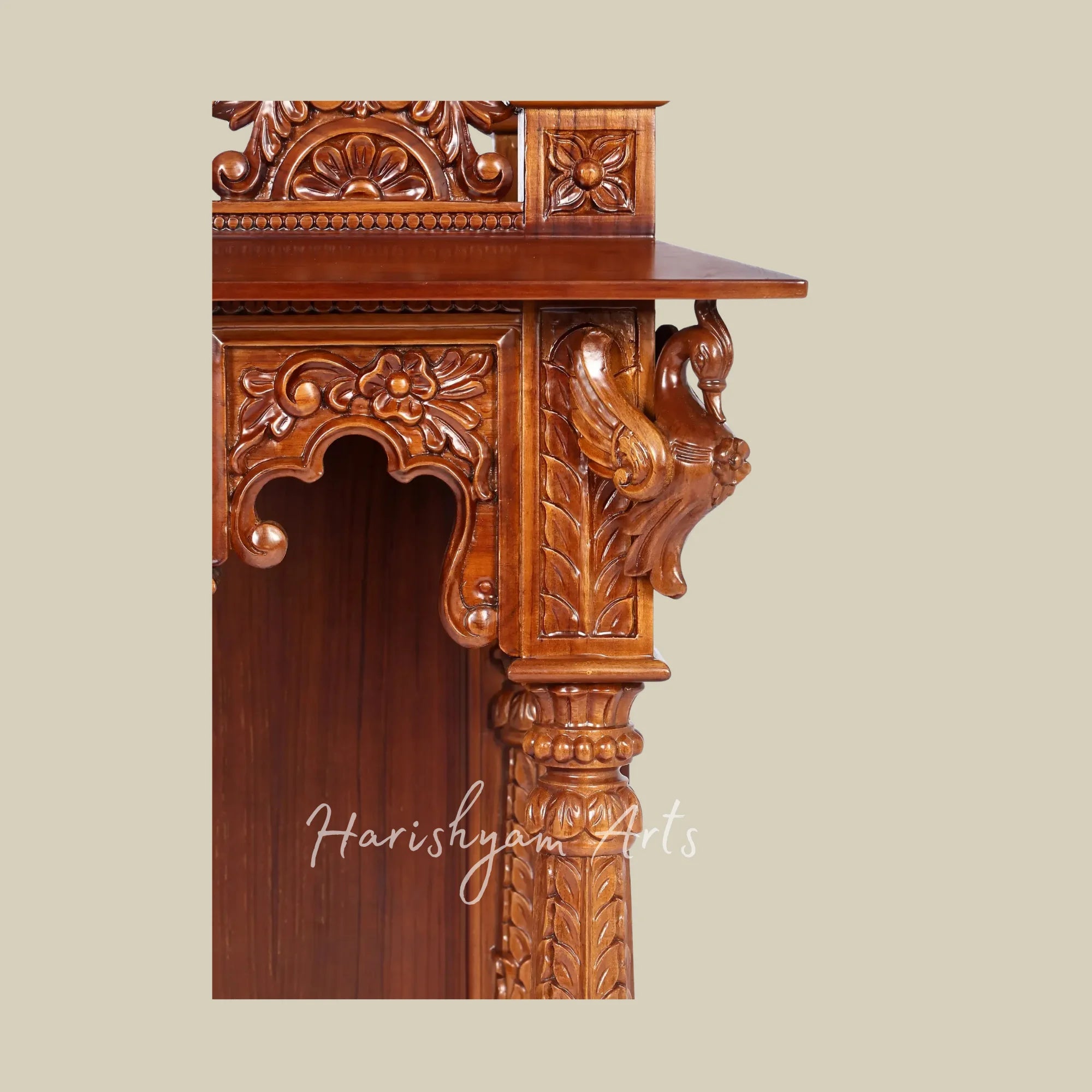 42" Large Teak Wooden Pooja Mandir with Ornate Crown Top and Traditional Carved Pillars for Home Worship