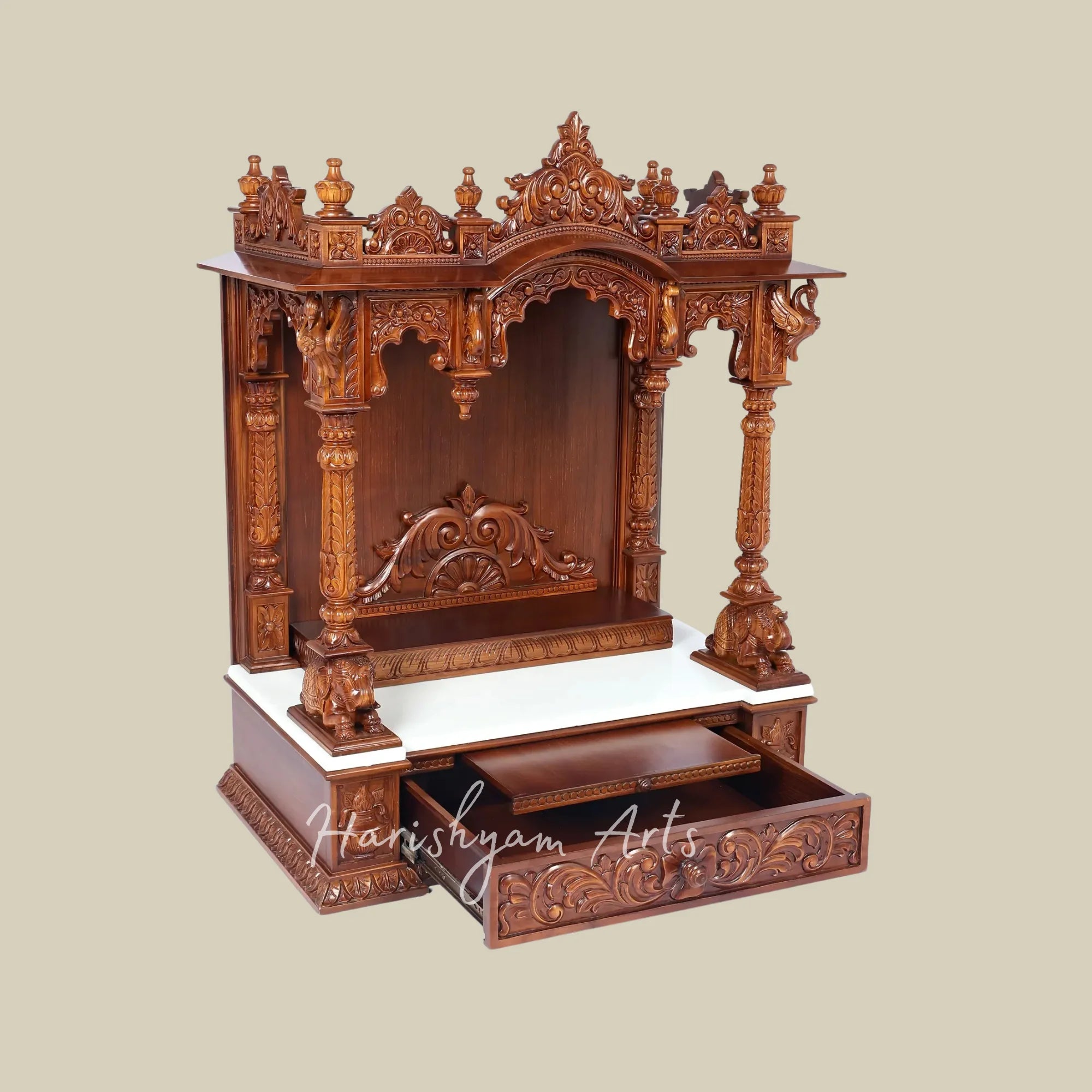 42" Large Teak Wooden Pooja Mandir with Ornate Crown Top and Traditional Carved Pillars for Home Worship