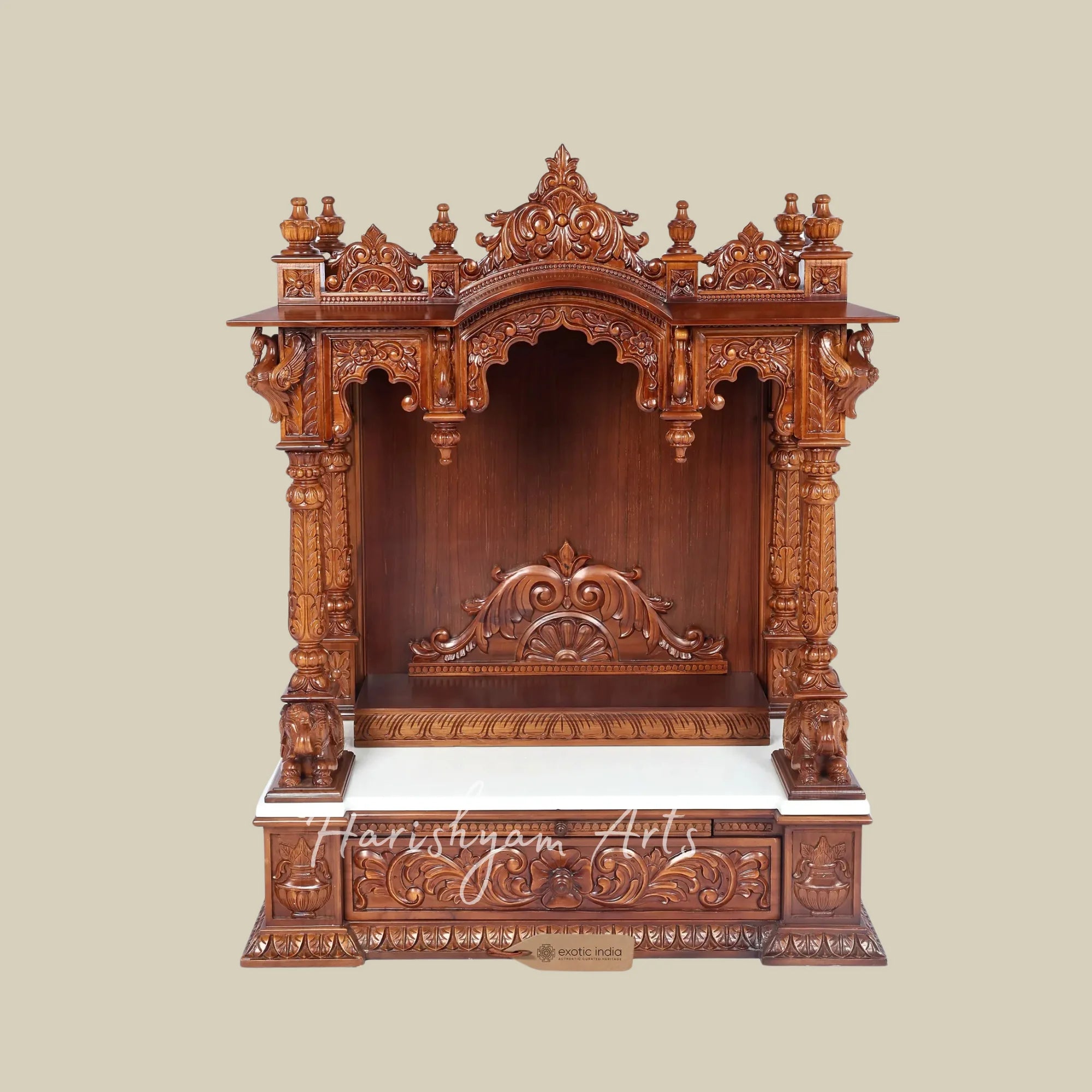 42" Large Teak Wooden Pooja Mandir with Ornate Crown Top and Traditional Carved Pillars for Home Worship
