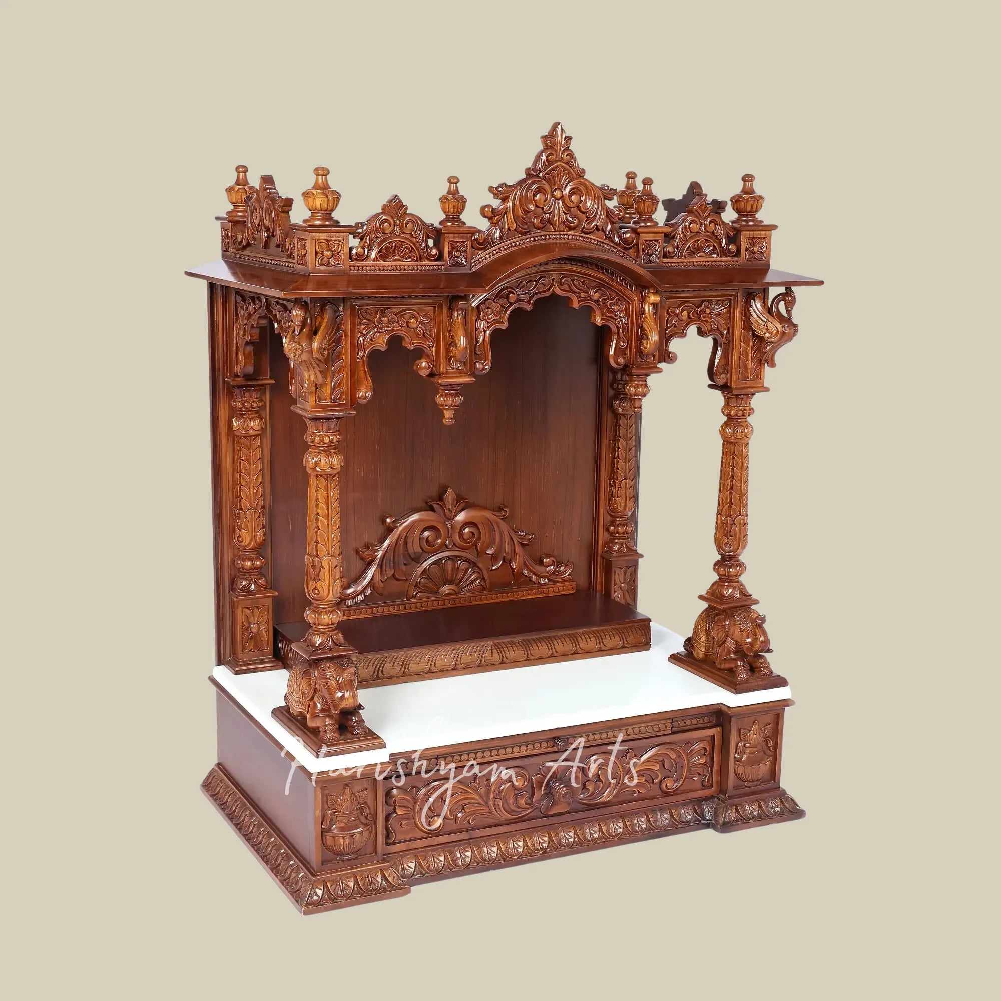 42" Large Teak Wooden Pooja Mandir with Ornate Crown Top and Traditional Carved Pillars for Home Worship
