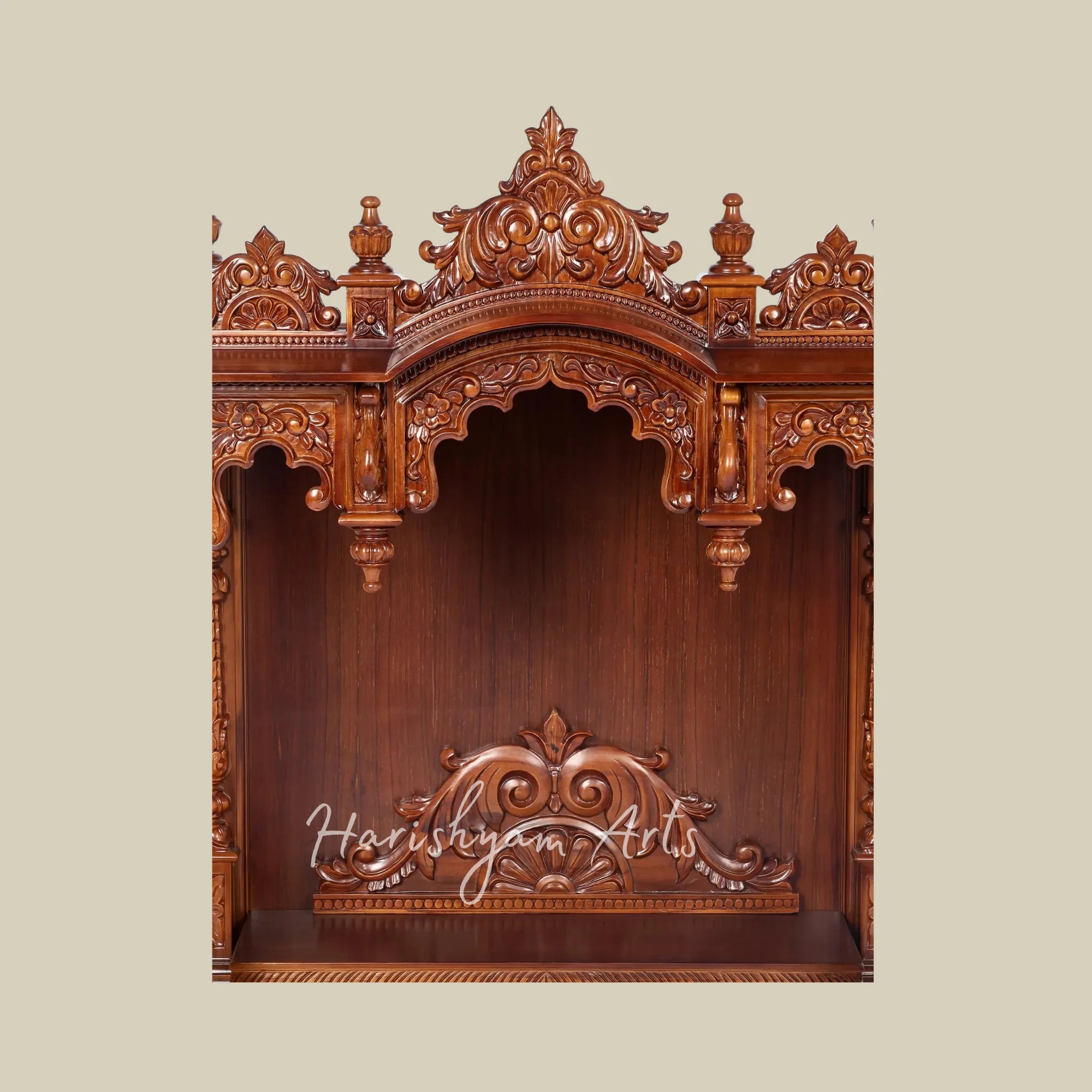 42" Large Teak Wooden Pooja Mandir with Ornate Crown Top and Traditional Carved Pillars for Home Worship