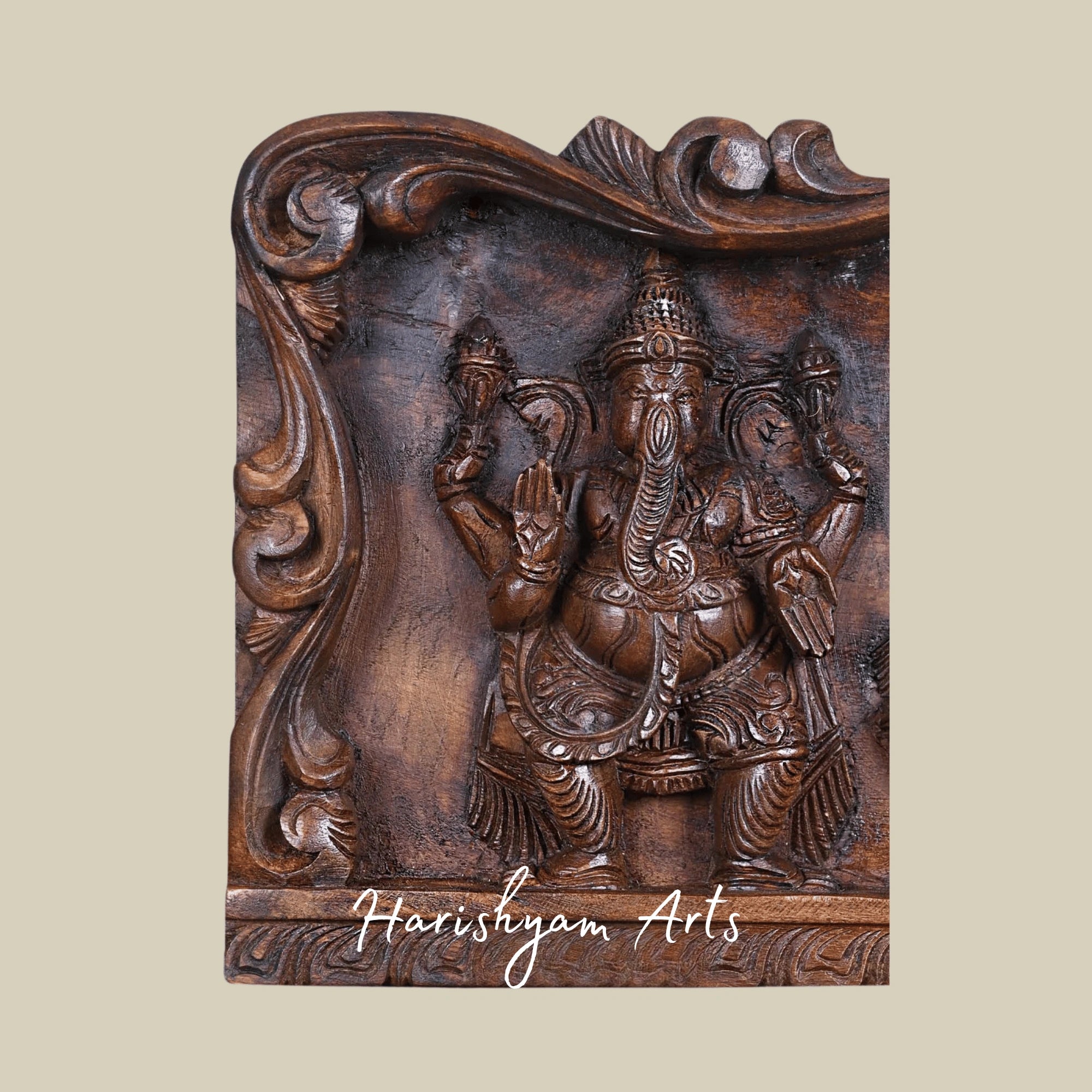 42" Lord Vishnu Symbols – Chakra, Shankha & Namam Carved Wooden Wall Art