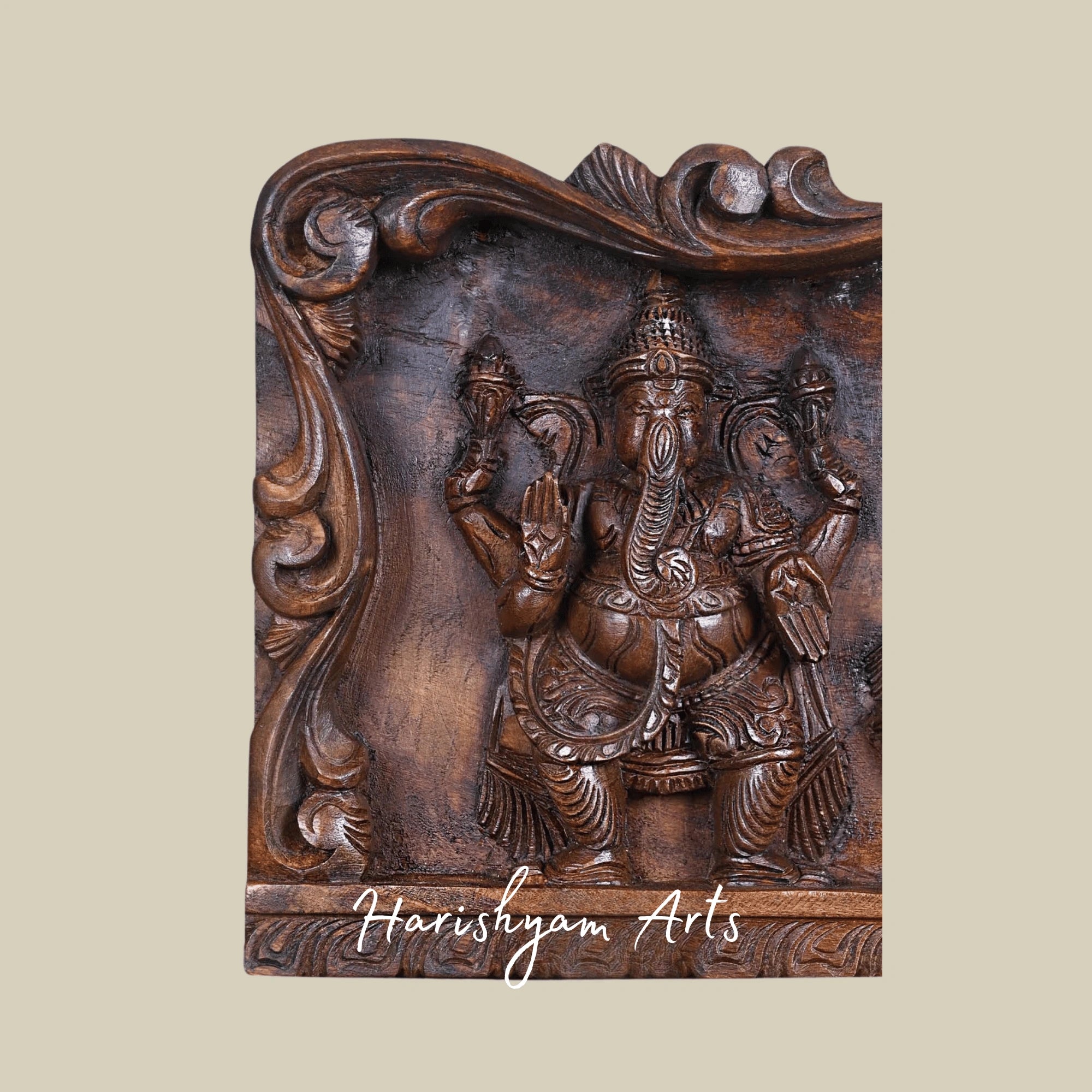 42" Lord Vishnu Symbols – Chakra, Shankha & Namam Carved Wooden Wall Art