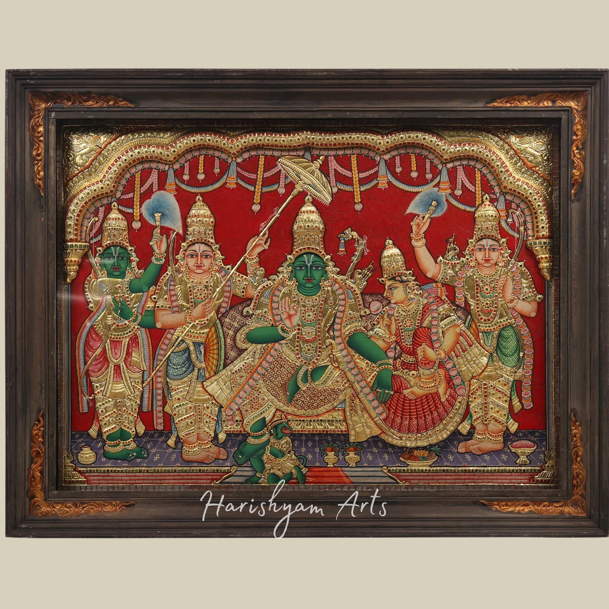 42" Shri Ram Darbar Tanjore Painting in a Vintage Teakwood Frame