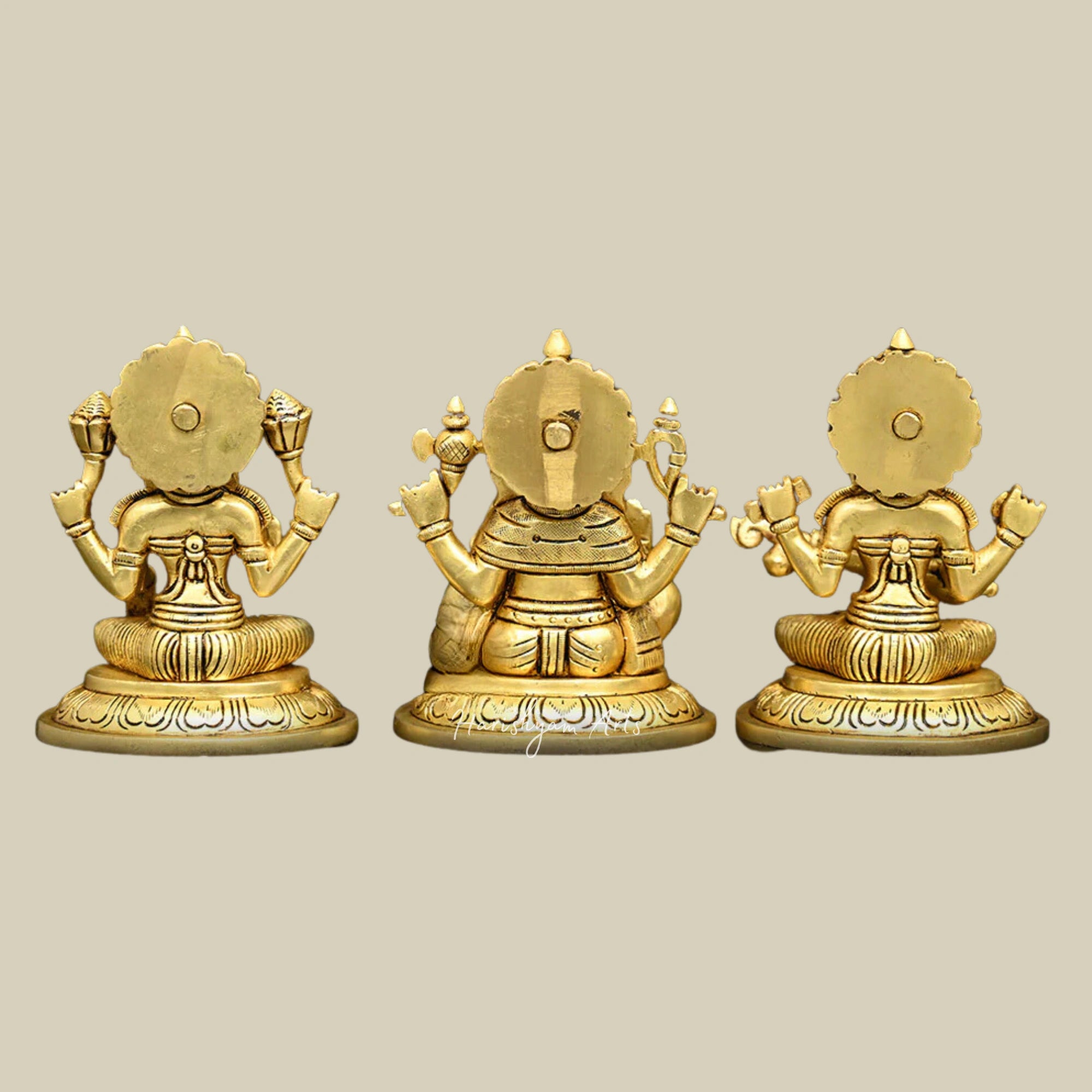 5" Exquisite Brass Statues of Ganesha, Lakshmi & Saraswati for Pooja Rooms2