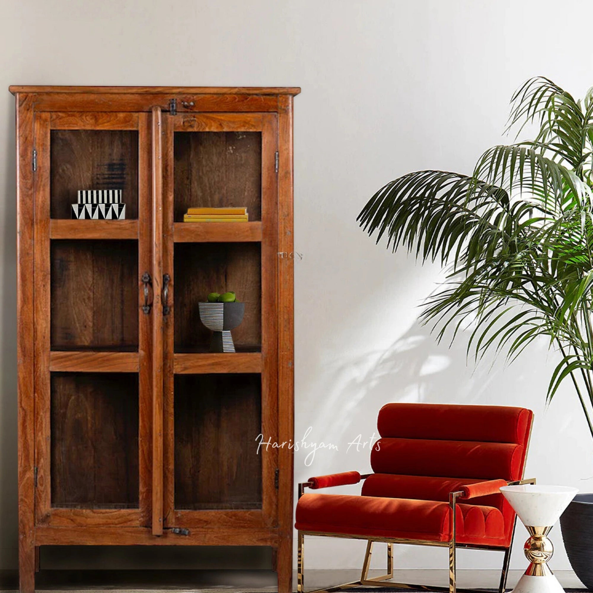 43" Dark Rustic Solid Wood Hand-Carved Bookshelf with Storage