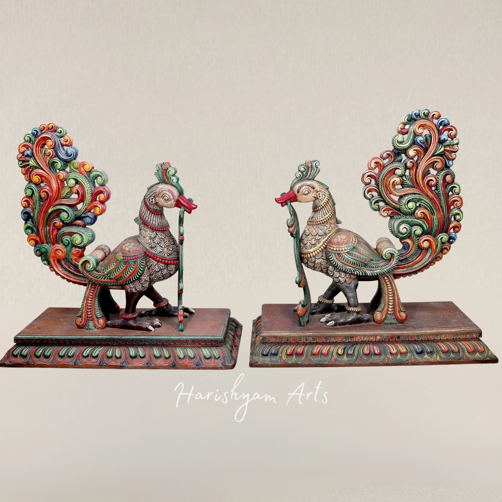 43" Dual Peacock Art Figurines in Harmonious Tones for Interior Styling