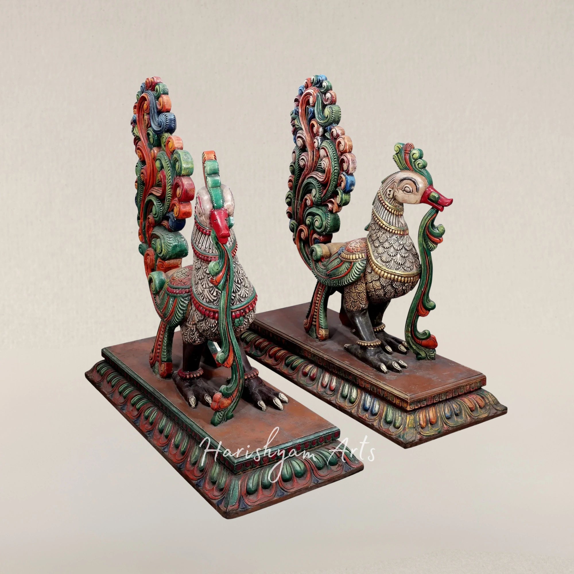 43" Dual Peacock Art Figurines in Harmonious Tones for Interior Styling