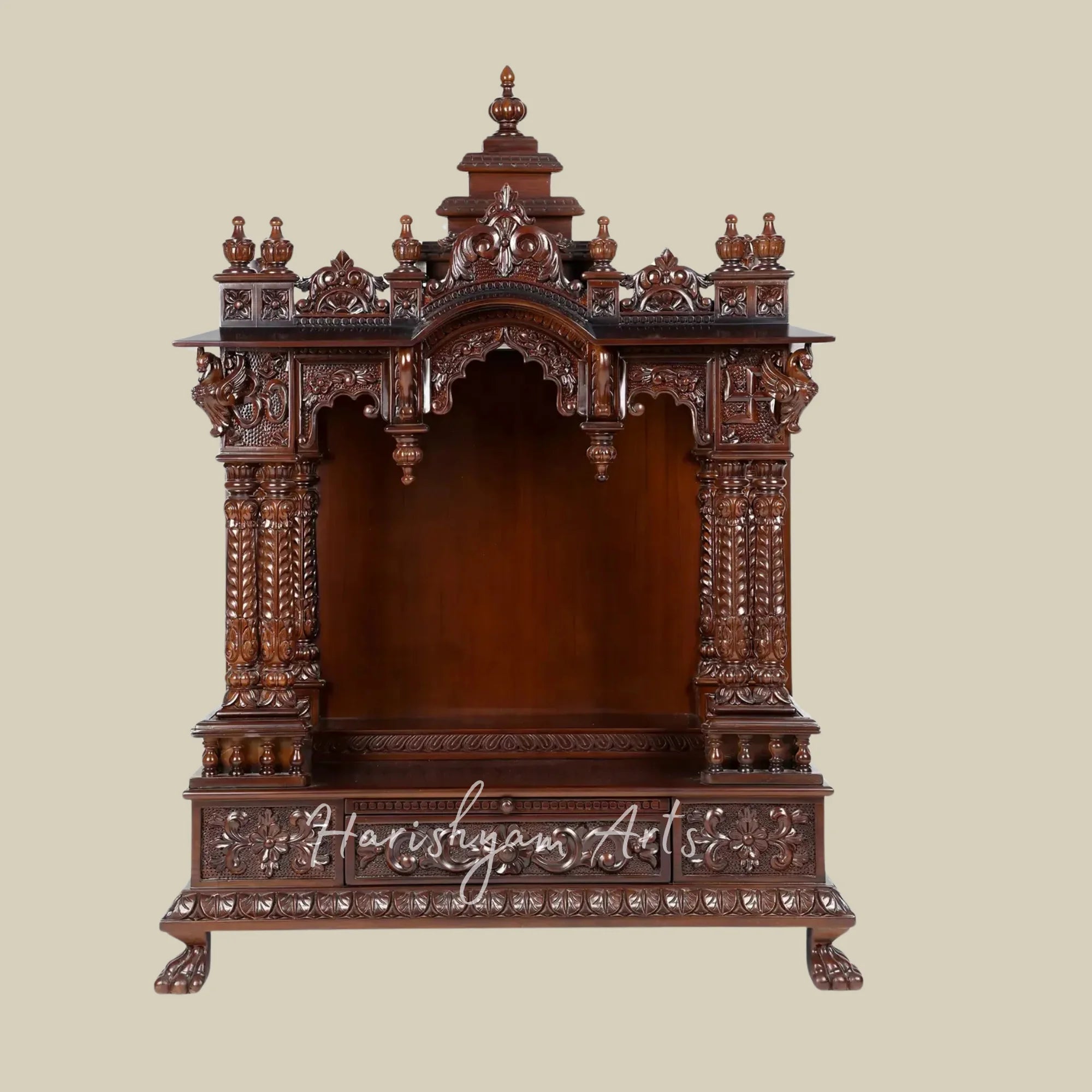 43" Handcrafted Teak Wood Home Temple with Peacock Carving and Om Symbol