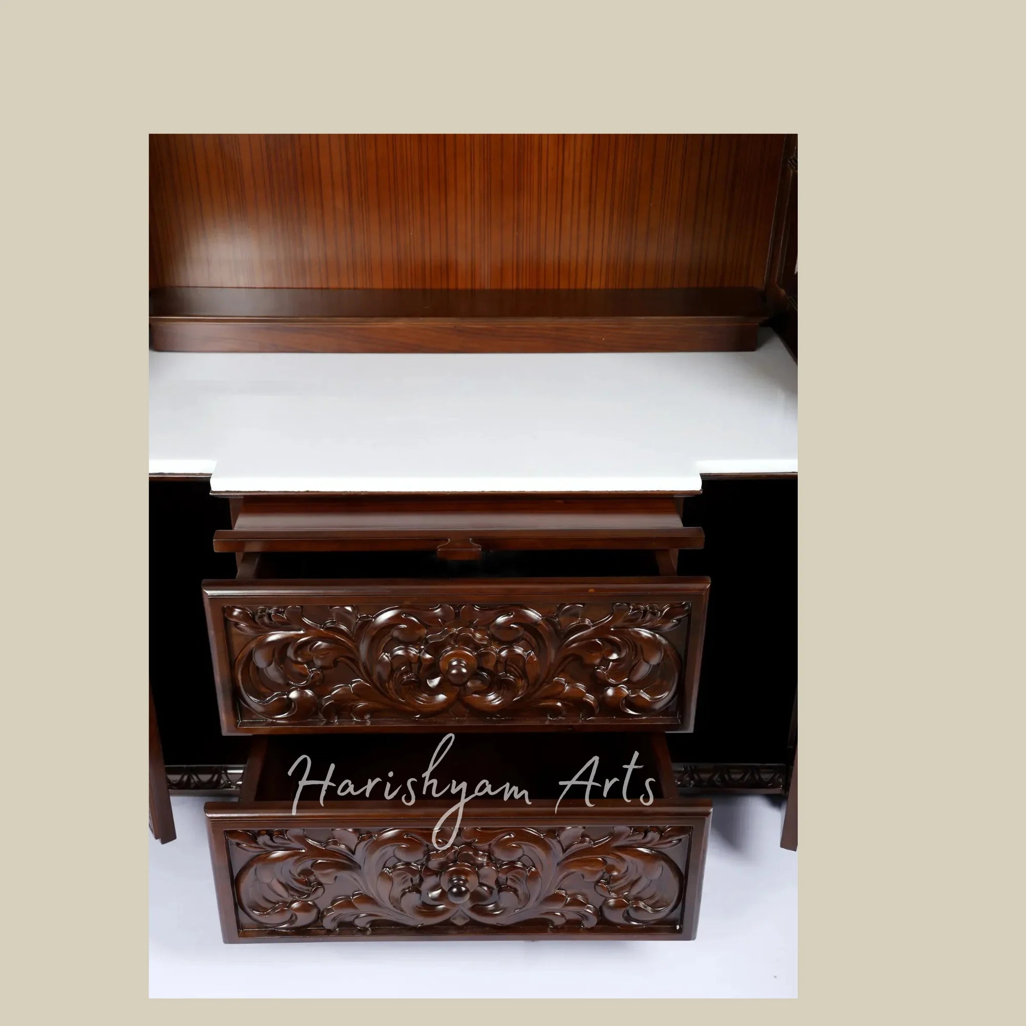43" Handcrafted Teak Wood Home Temple with Peacock Carving and Om Symbol