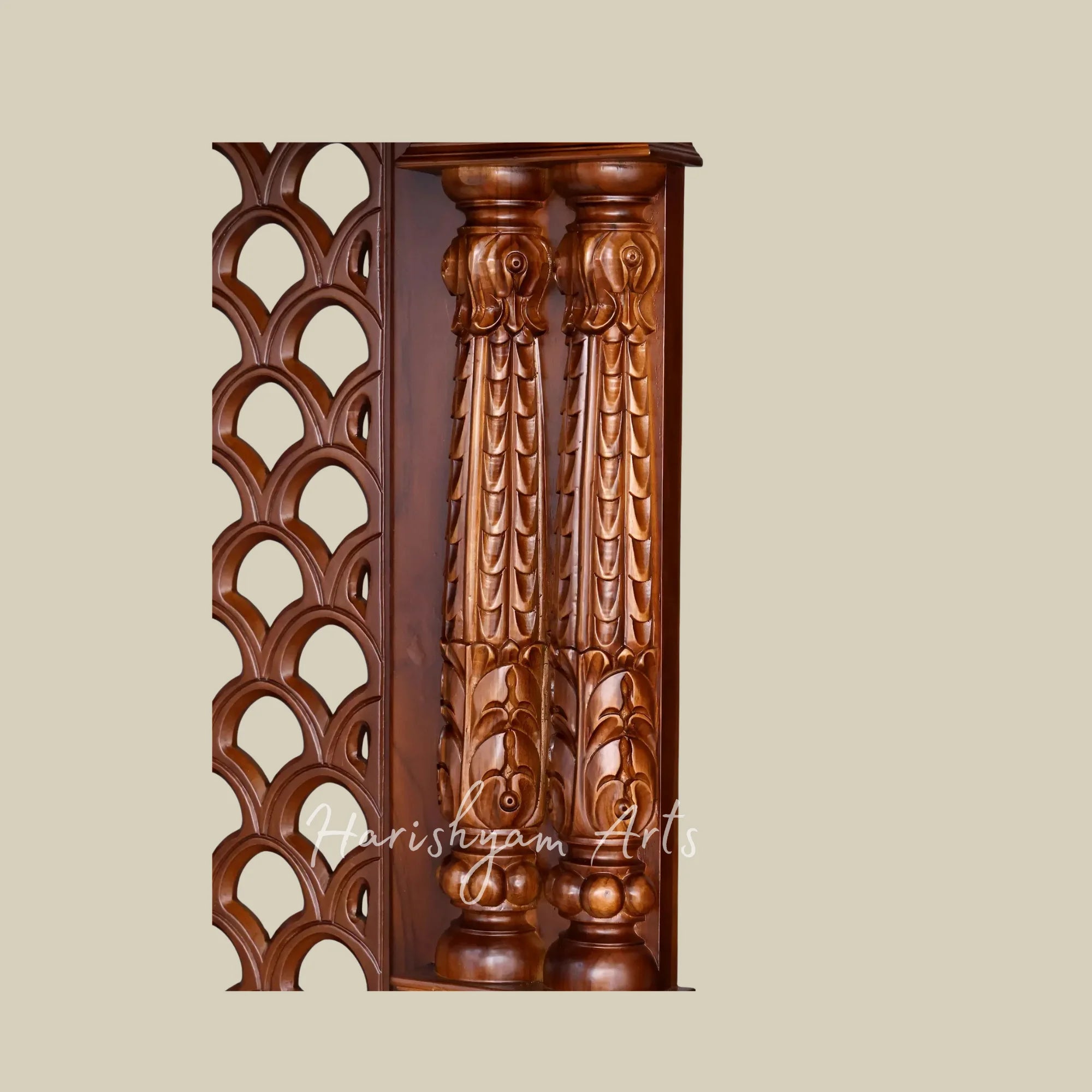 43" Handcrafted Teak Wood Home Temple with Peacock Carving and Om Symbol