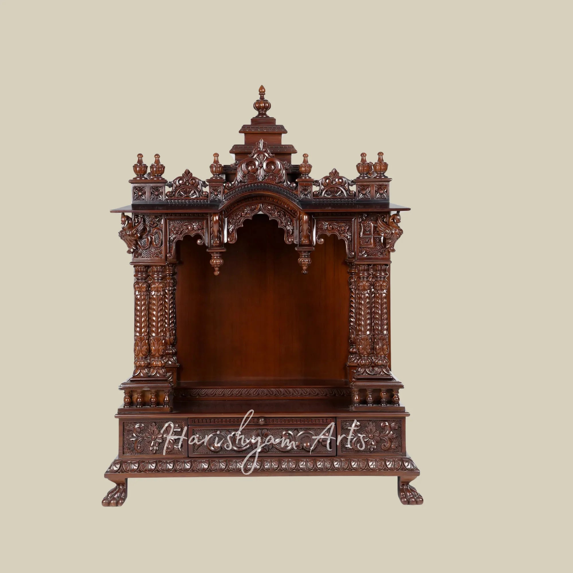 43" Handcrafted Teak Wood Home Temple with Peacock Carving and Om Symbol