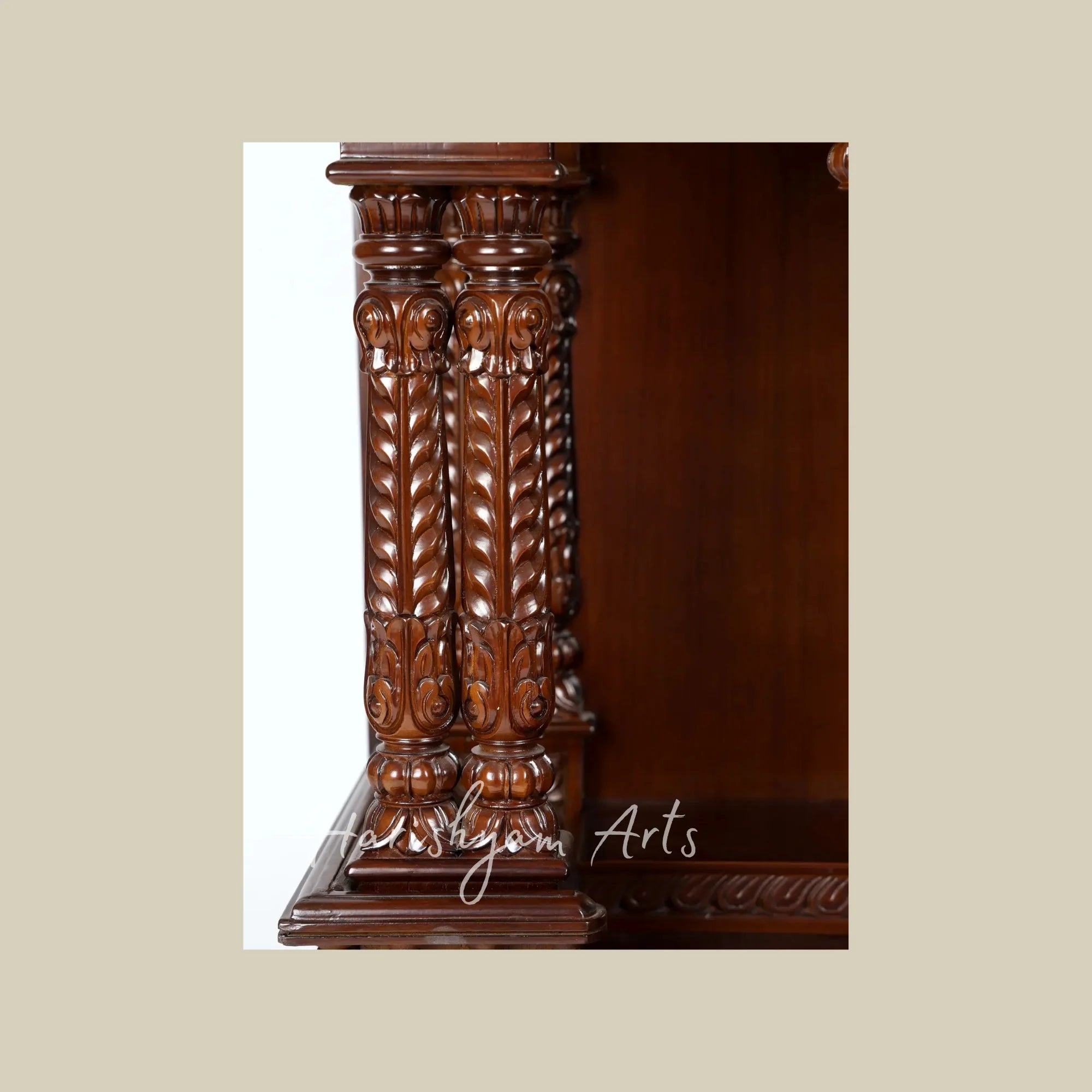 43" Handcrafted Teak Wood Home Temple with Peacock Carving and Om Symbol