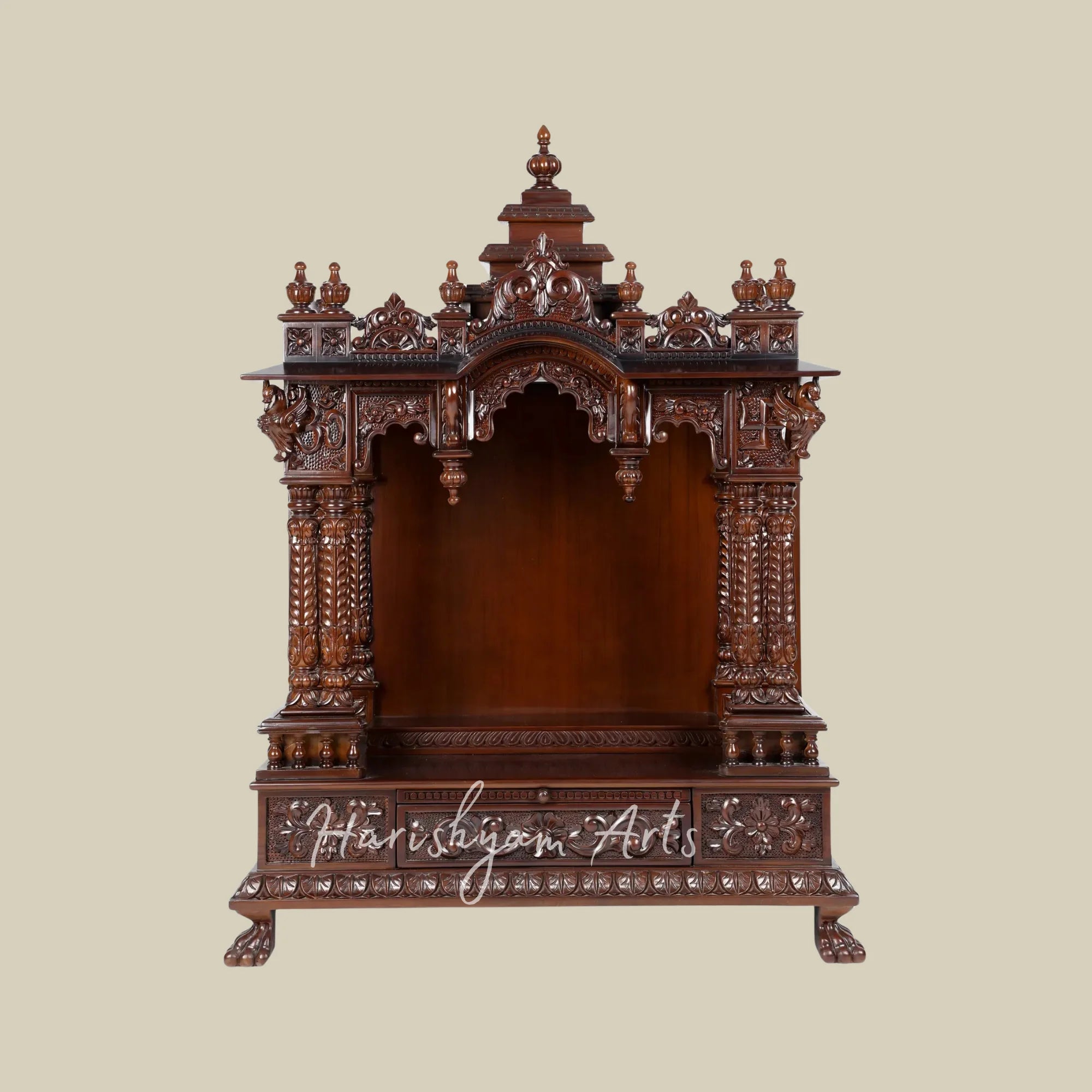 43" Handcrafted Teak Wood Home Temple with Peacock Carving and Om Symbol