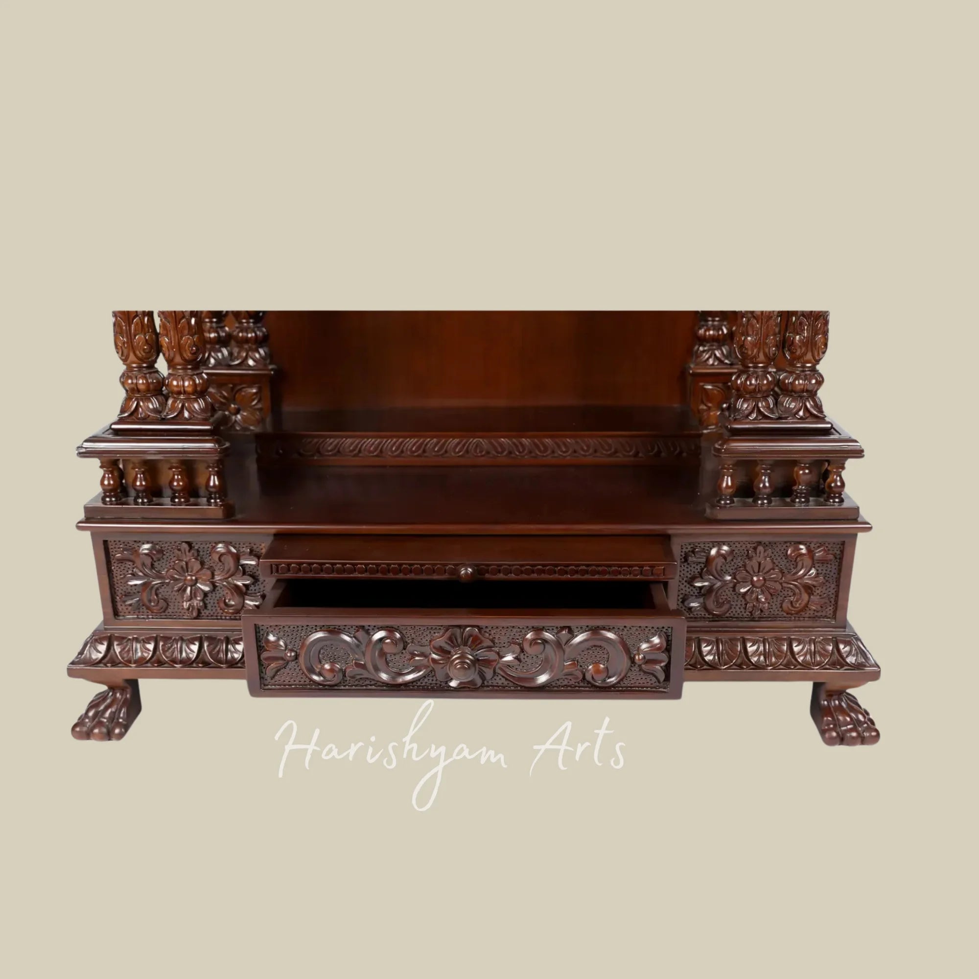 43" Handcrafted Teak Wood Home Temple with Peacock Carving and Om Symbol