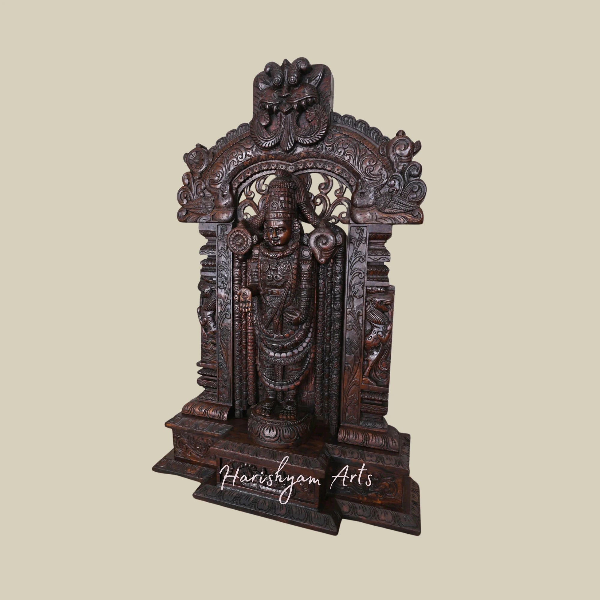 43" Wooden Lord Balaji Standing with Prabhavali, Pillar, and Arch Design2