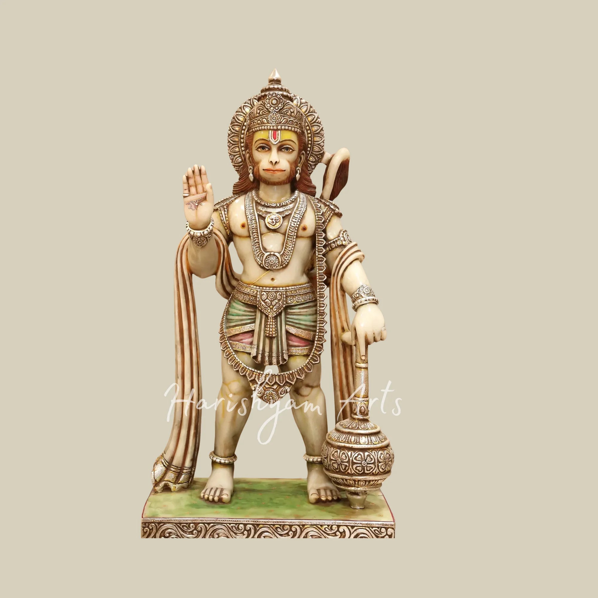 44" Handcrafted Bajrangbali Marble Murti with Decorative Crown Sacred Mace and Traditional Jewelry