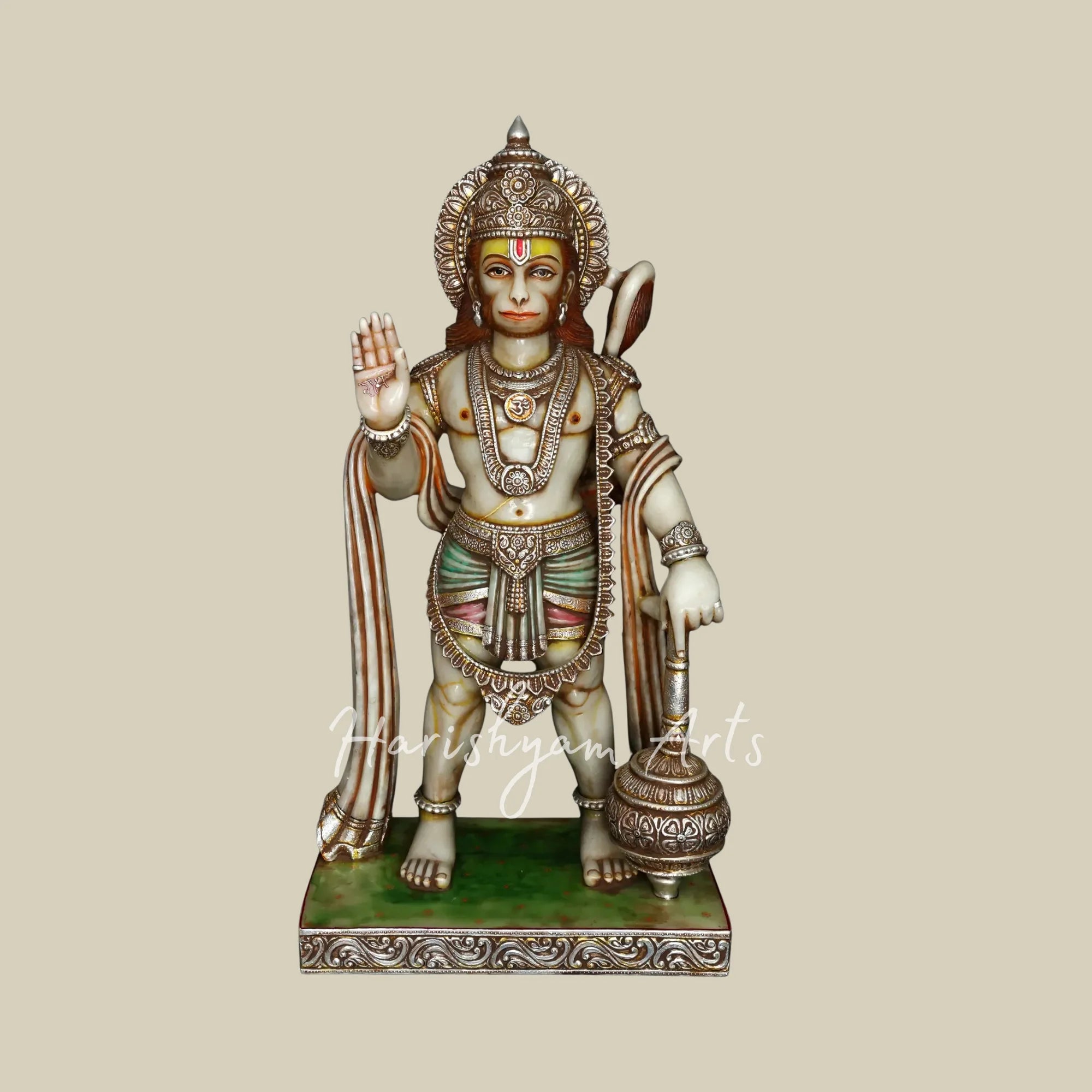 44" Handcrafted Bajrangbali Marble Murti with Decorative Crown Sacred Mace and Traditional Jewelry