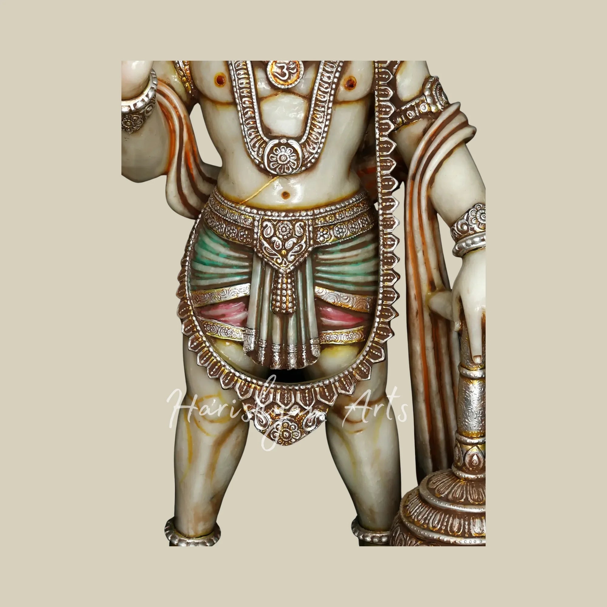 44" Handcrafted Bajrangbali Marble Murti with Decorative Crown Sacred Mace and Traditional Jewelry