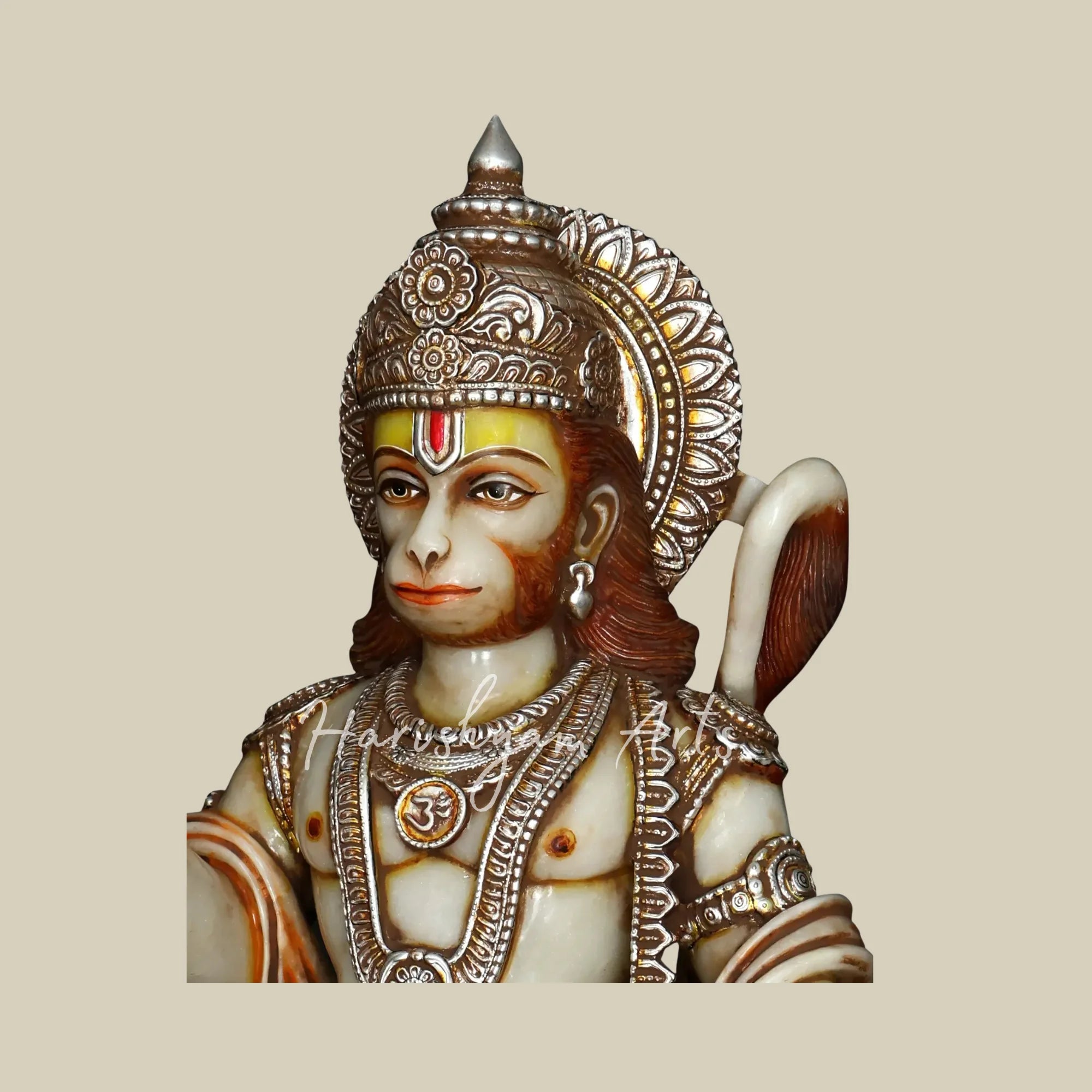44" Handcrafted Bajrangbali Marble Murti with Decorative Crown Sacred Mace and Traditional Jewelry