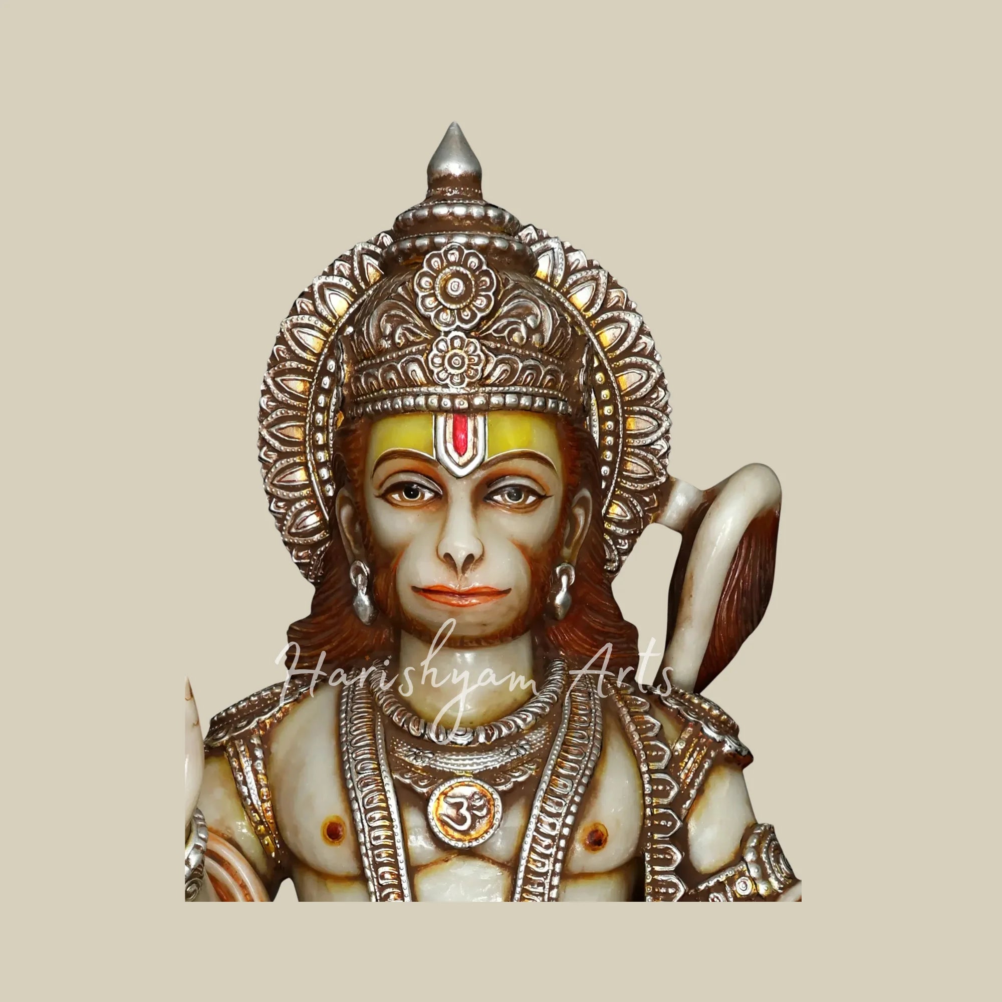 44" Handcrafted Bajrangbali Marble Murti with Decorative Crown Sacred Mace and Traditional Jewelry