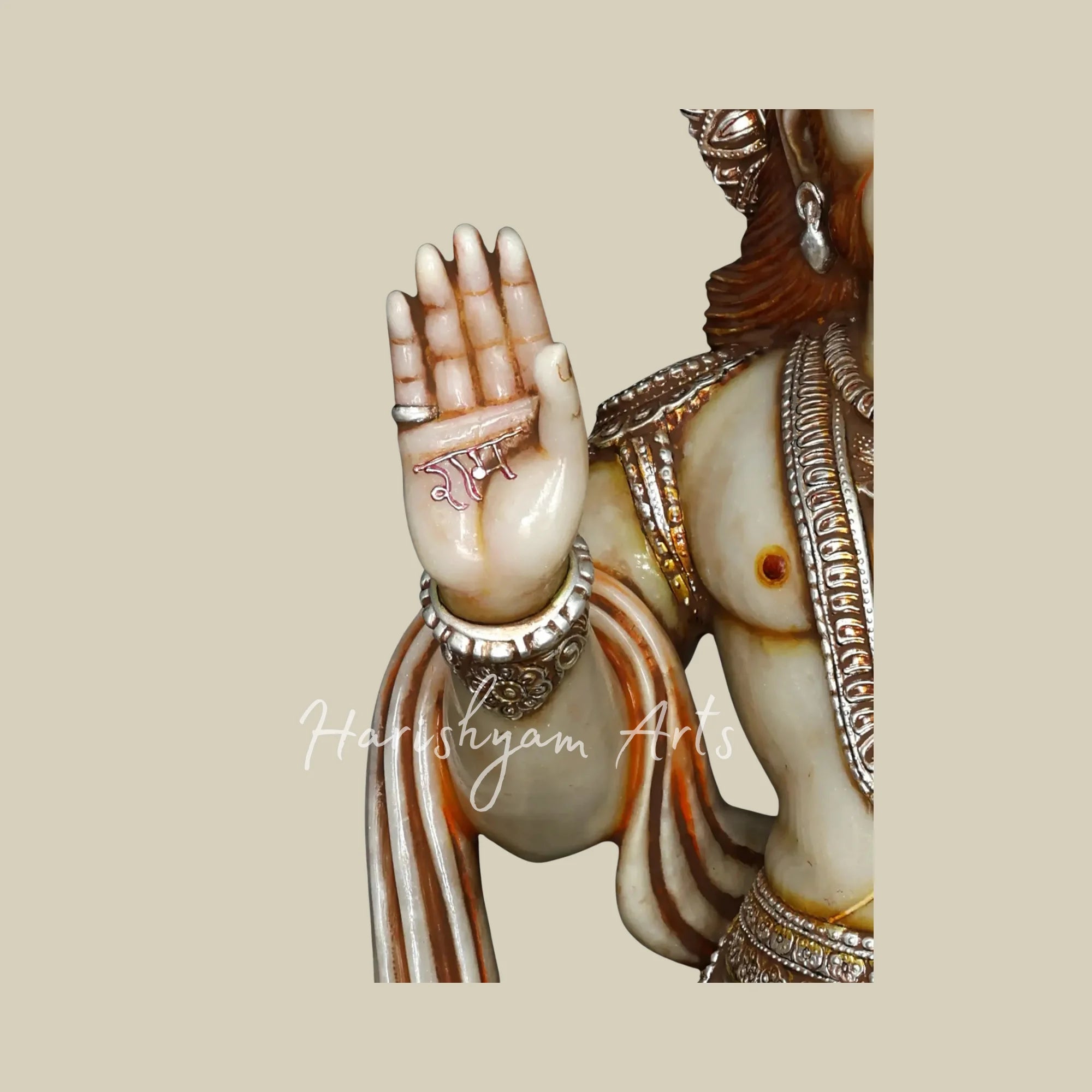 44" Handcrafted Bajrangbali Marble Murti with Decorative Crown Sacred Mace and Traditional Jewelry