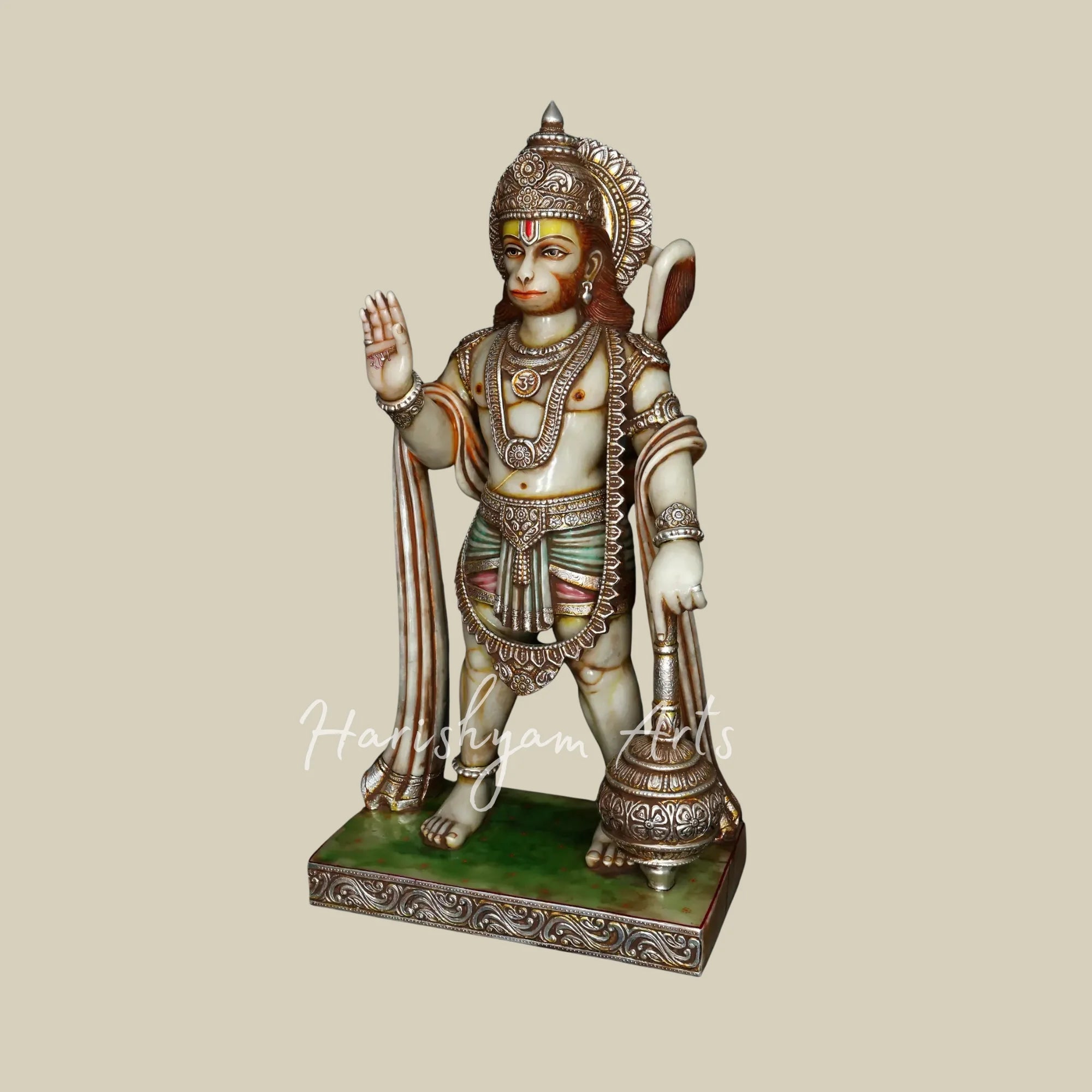 44" Handcrafted Bajrangbali Marble Murti with Decorative Crown Sacred Mace and Traditional Jewelry