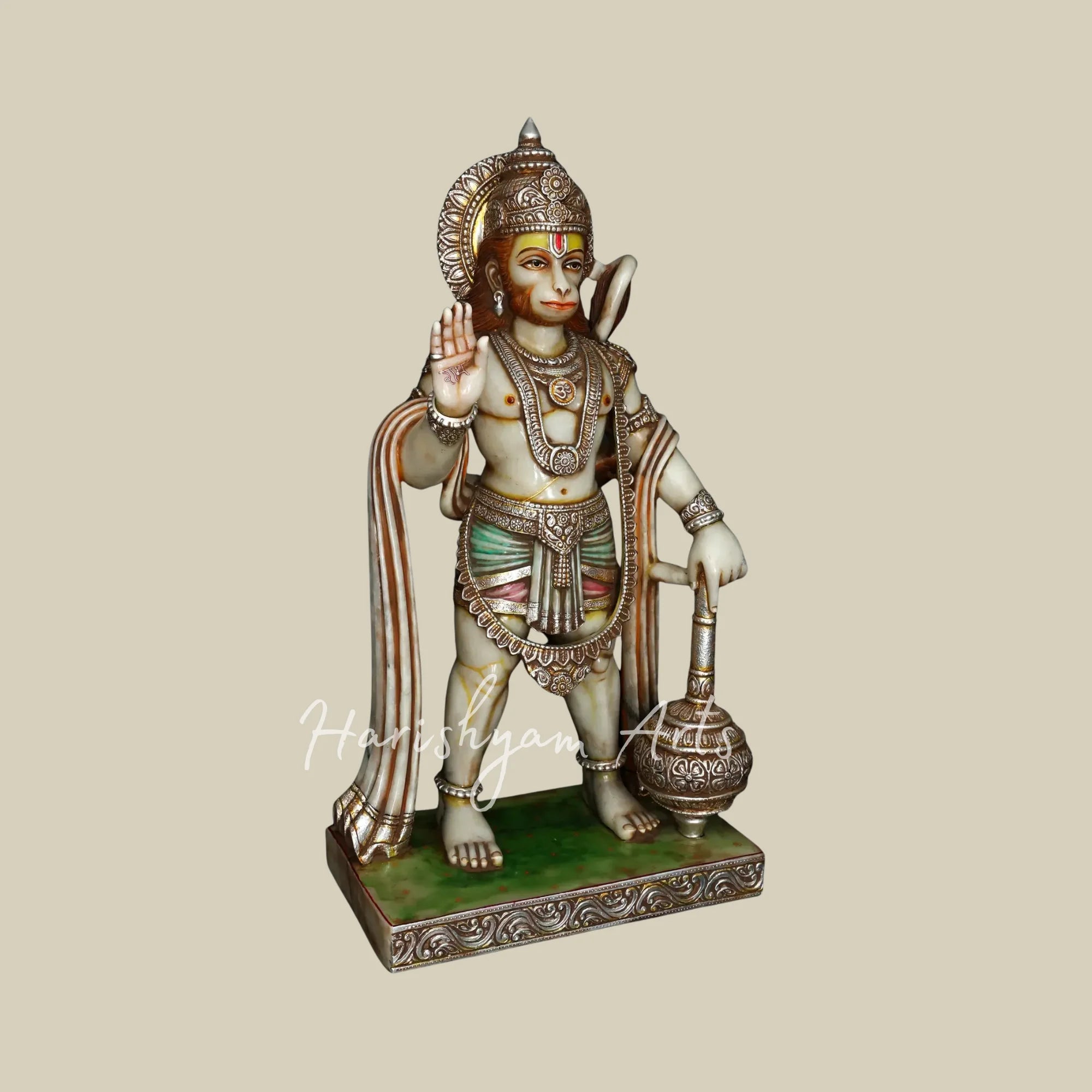 44" Handcrafted Bajrangbali Marble Murti with Decorative Crown Sacred Mace and Traditional Jewelry
