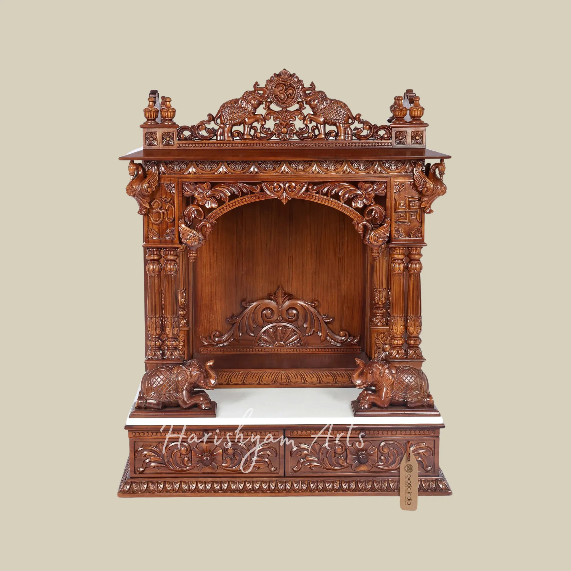 44" Handcrafted Teak Wood Pooja Mandir with Om Symbol and Carved Elephants