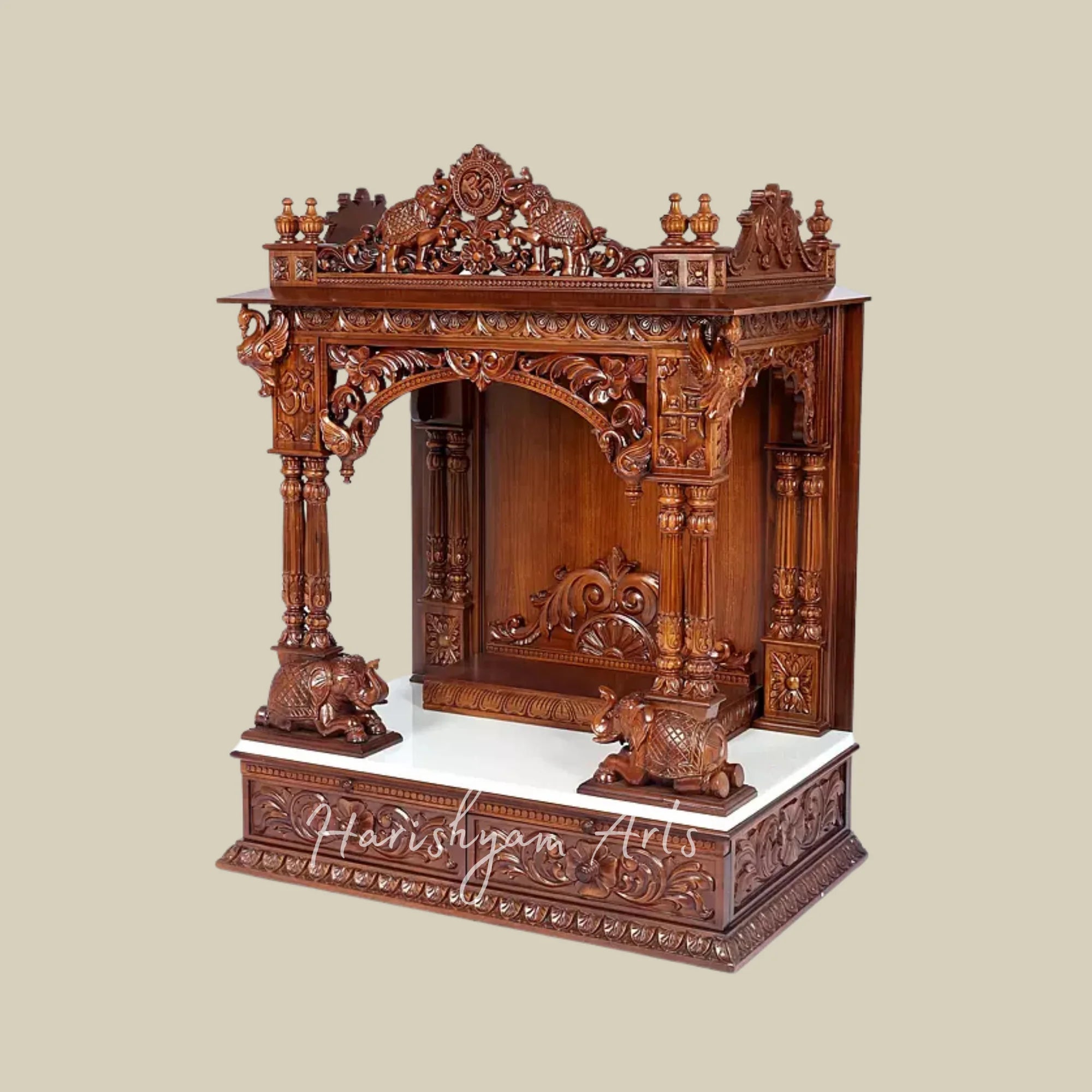 44" Handcrafted Teak Wood Pooja Mandir with Om Symbol and Carved Elephants
