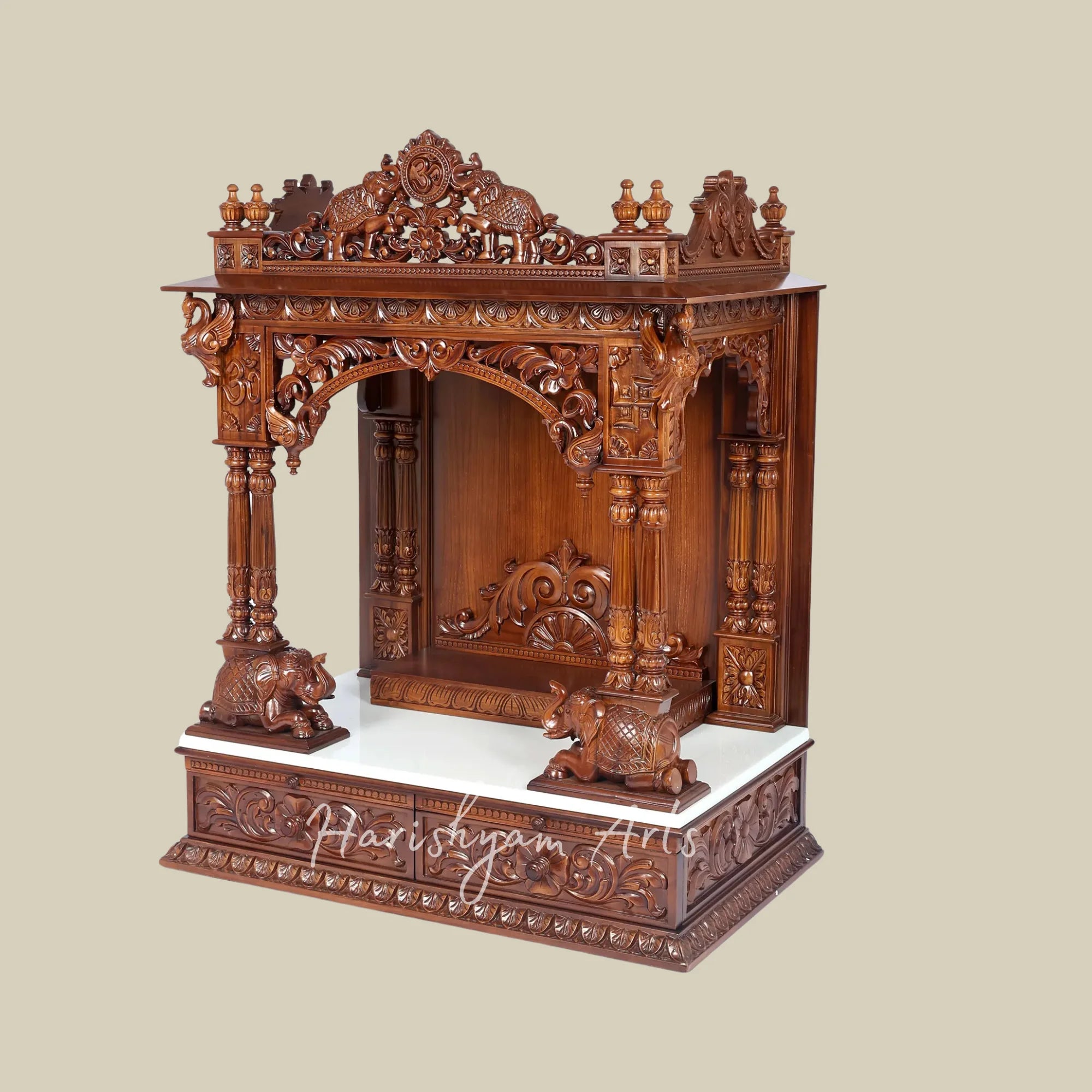 44" Handcrafted Teak Wood Pooja Mandir with Om Symbol and Carved Elephants