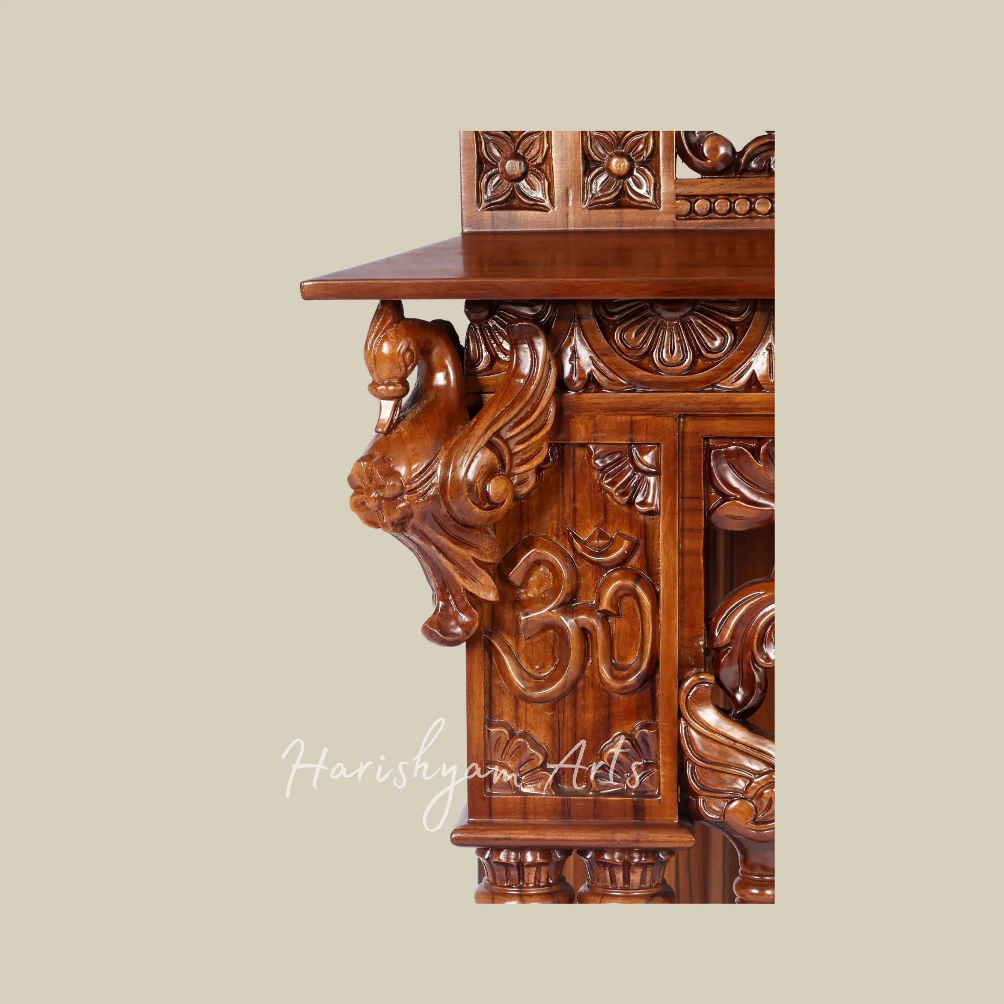 44" Handcrafted Teak Wood Pooja Mandir with Om Symbol and Carved Elephants