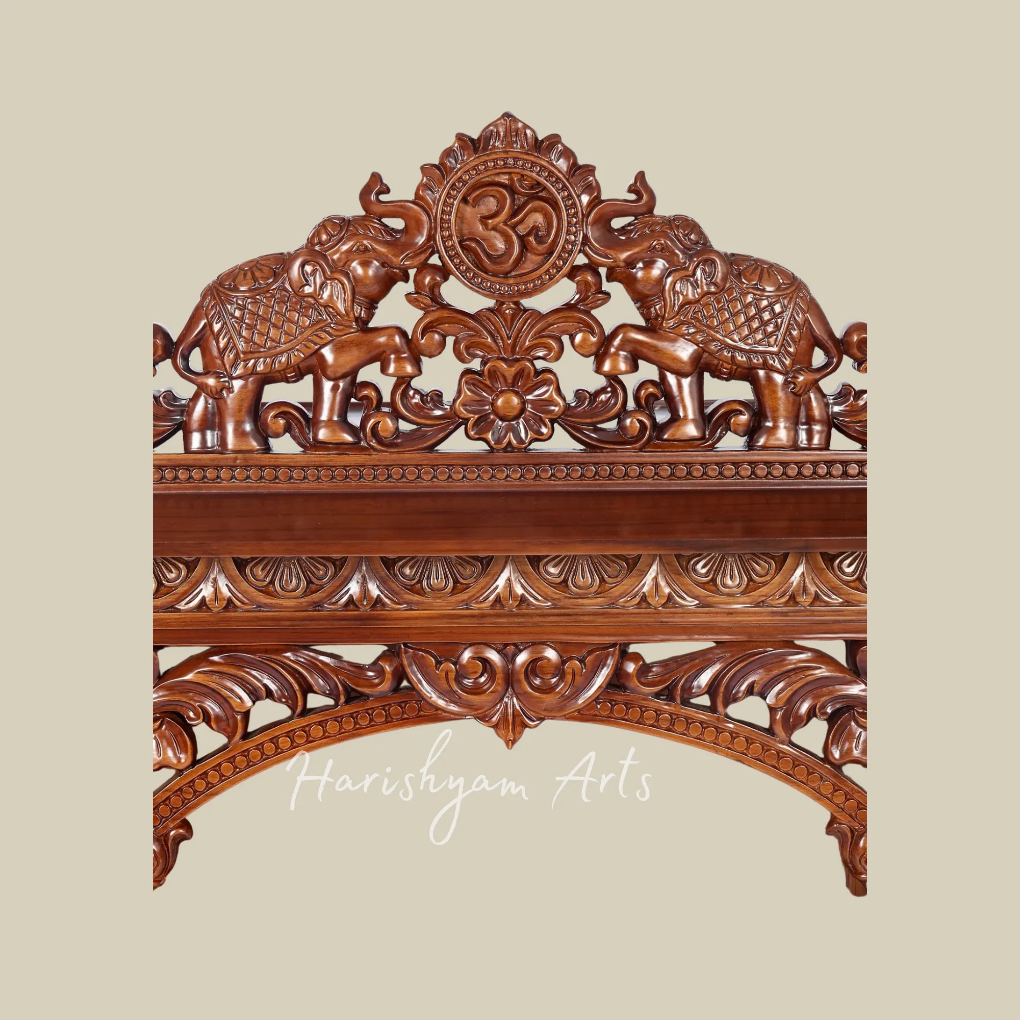 44" Handcrafted Teak Wood Pooja Mandir with Om Symbol and Carved Elephants