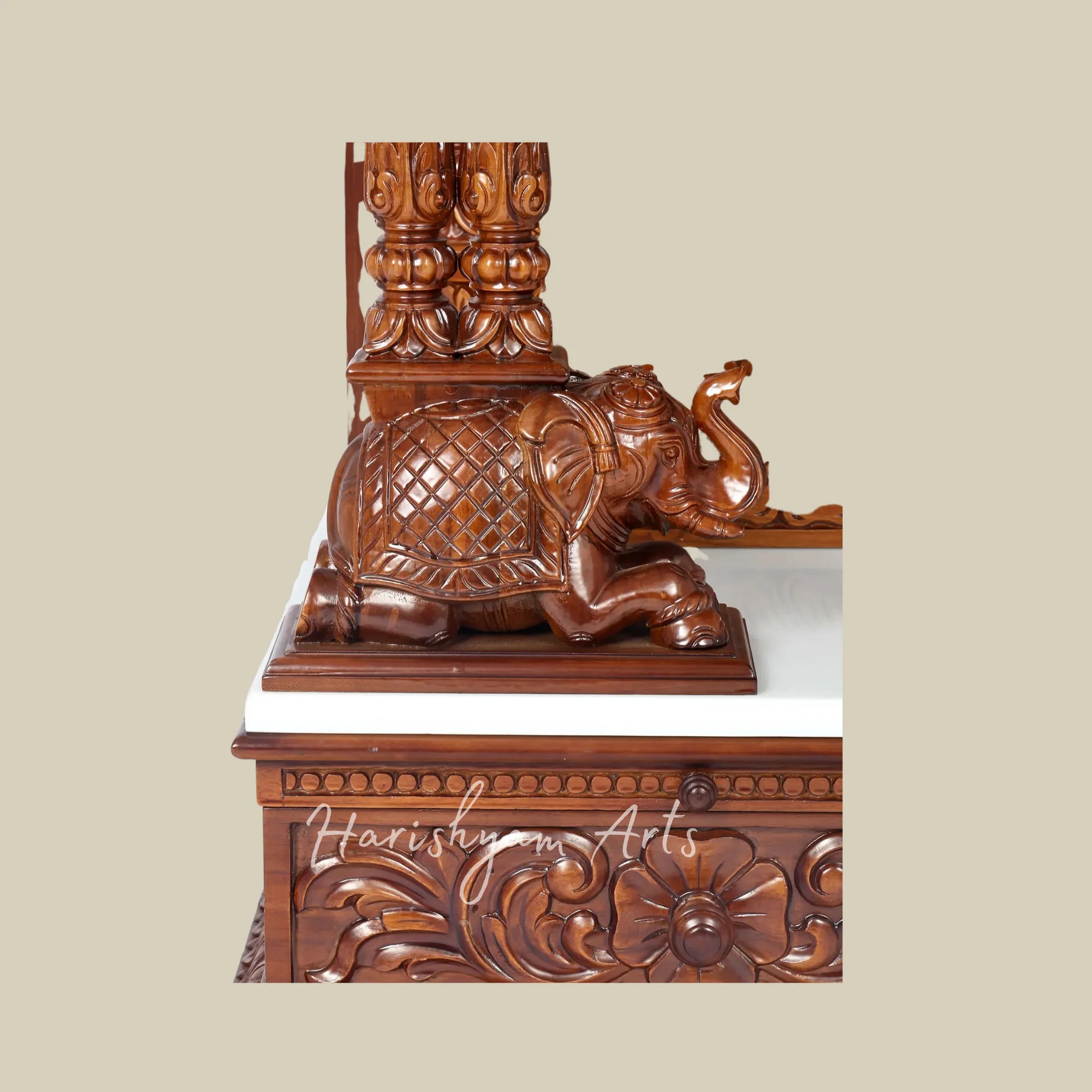44" Handcrafted Teak Wood Pooja Mandir with Om Symbol and Carved Elephants