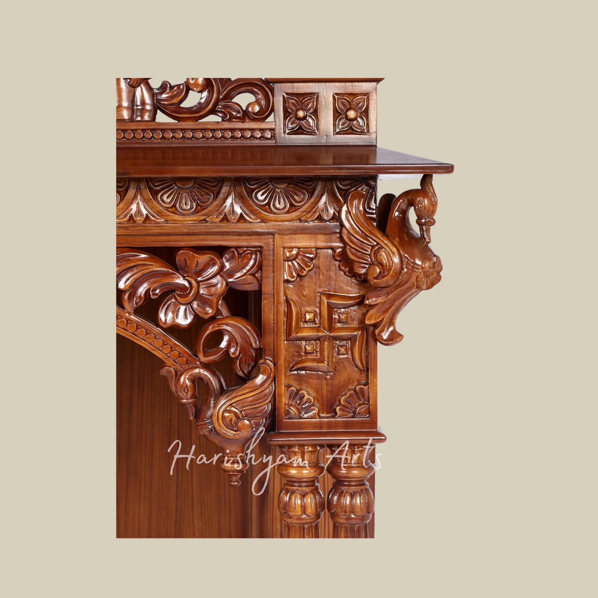 44" Handcrafted Teak Wood Pooja Mandir with Om Symbol and Carved Elephants