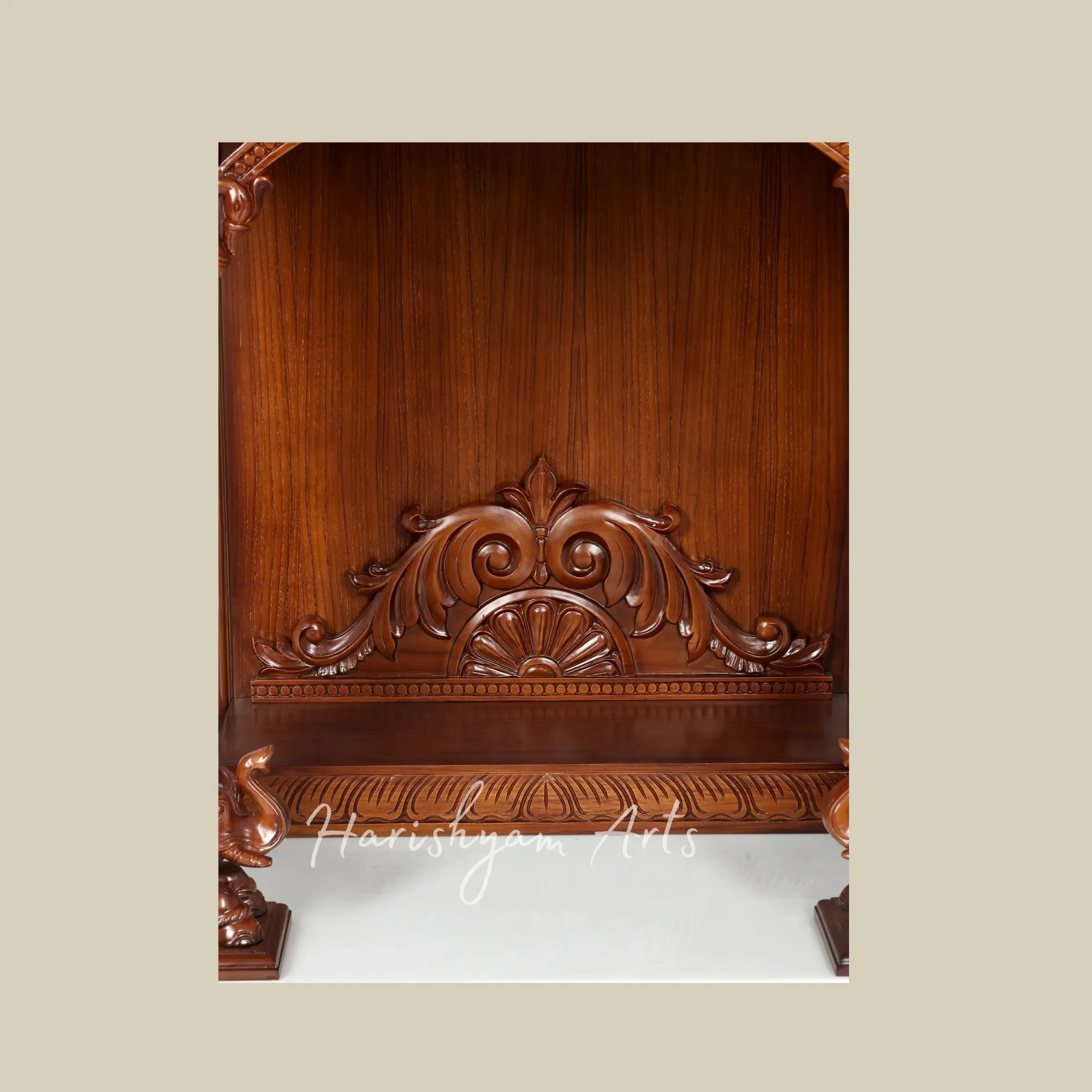 44" Handcrafted Teak Wood Pooja Mandir with Om Symbol and Carved Elephants