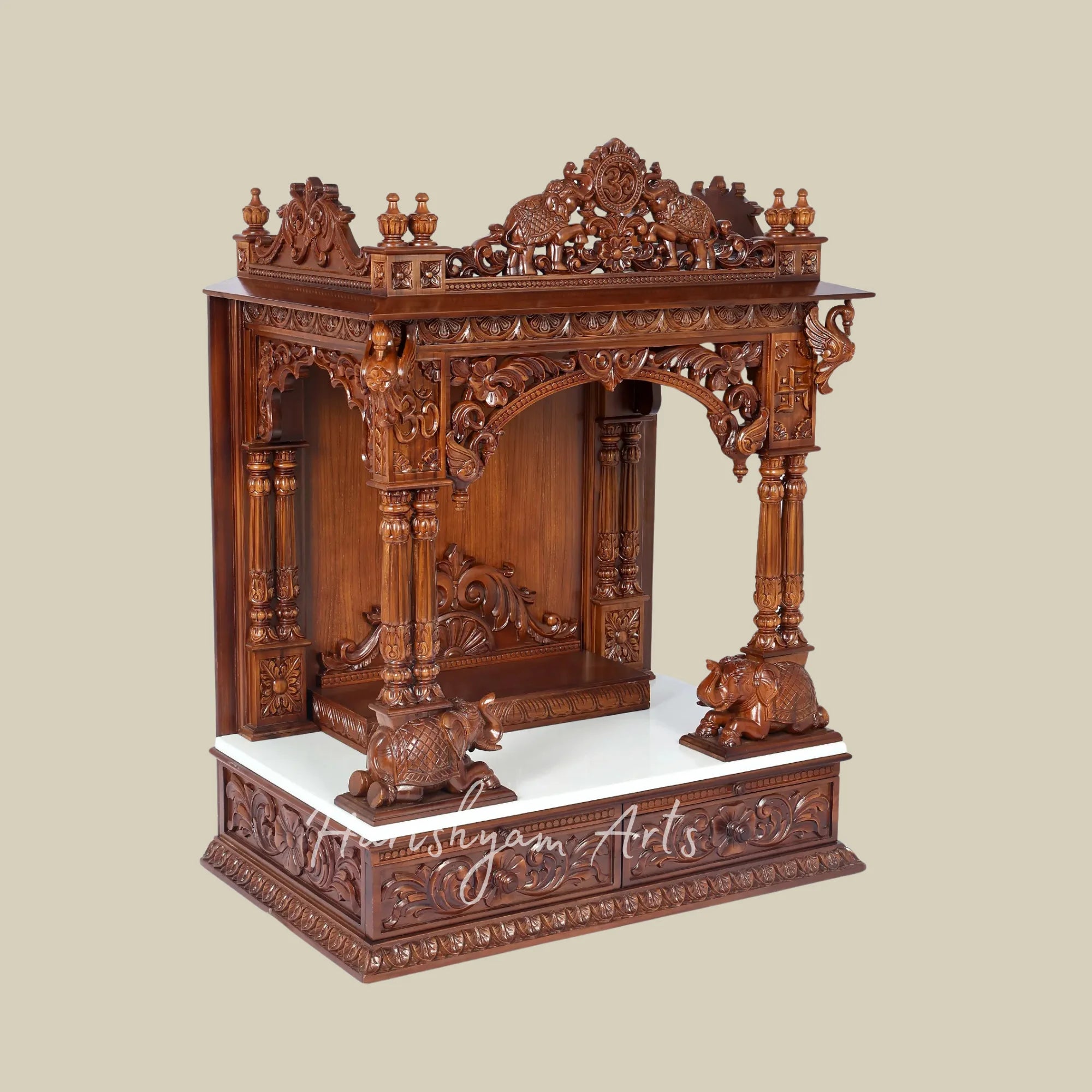 44" Handcrafted Teak Wood Pooja Mandir with Om Symbol and Carved Elephants