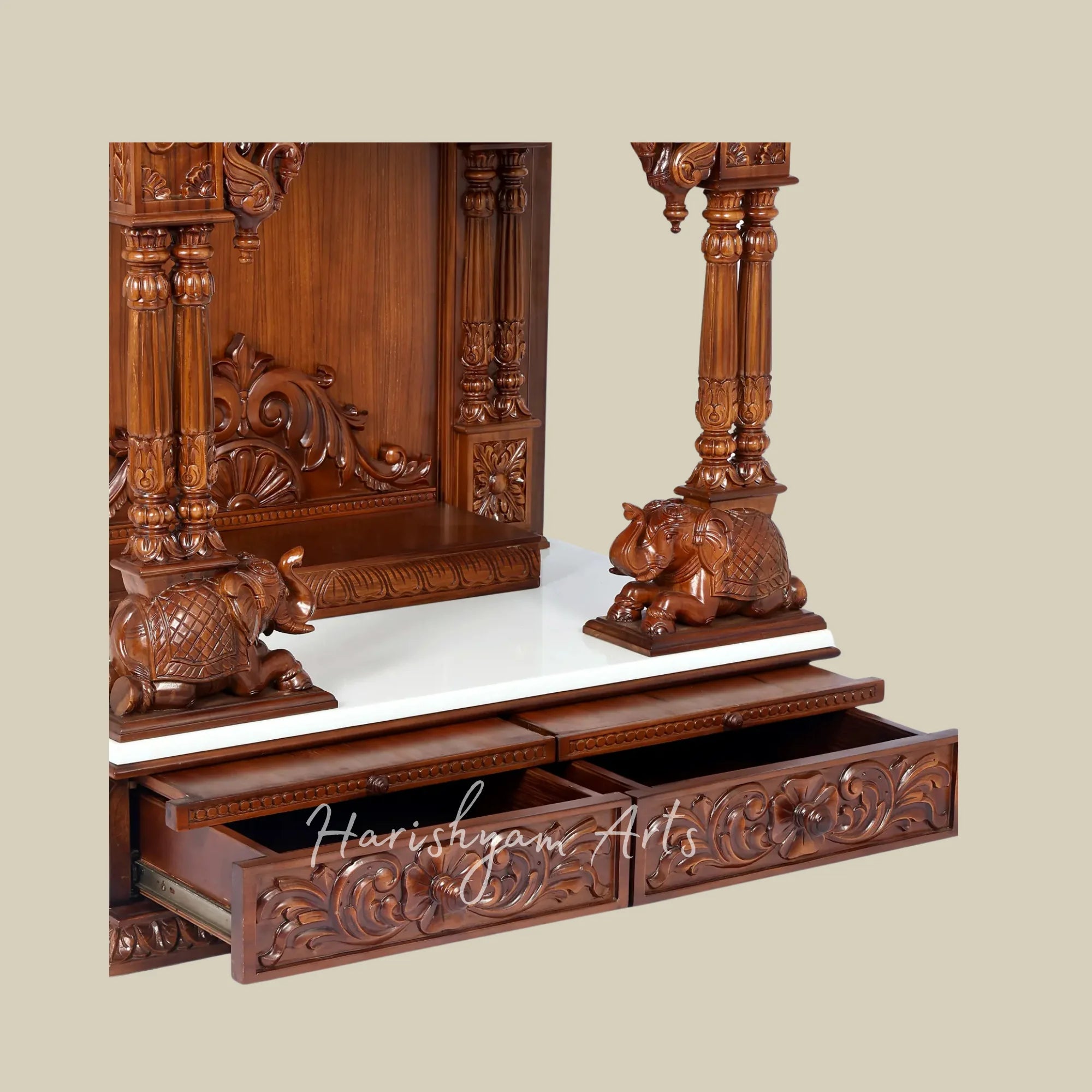 44" Handcrafted Teak Wood Pooja Mandir with Om Symbol and Carved Elephants