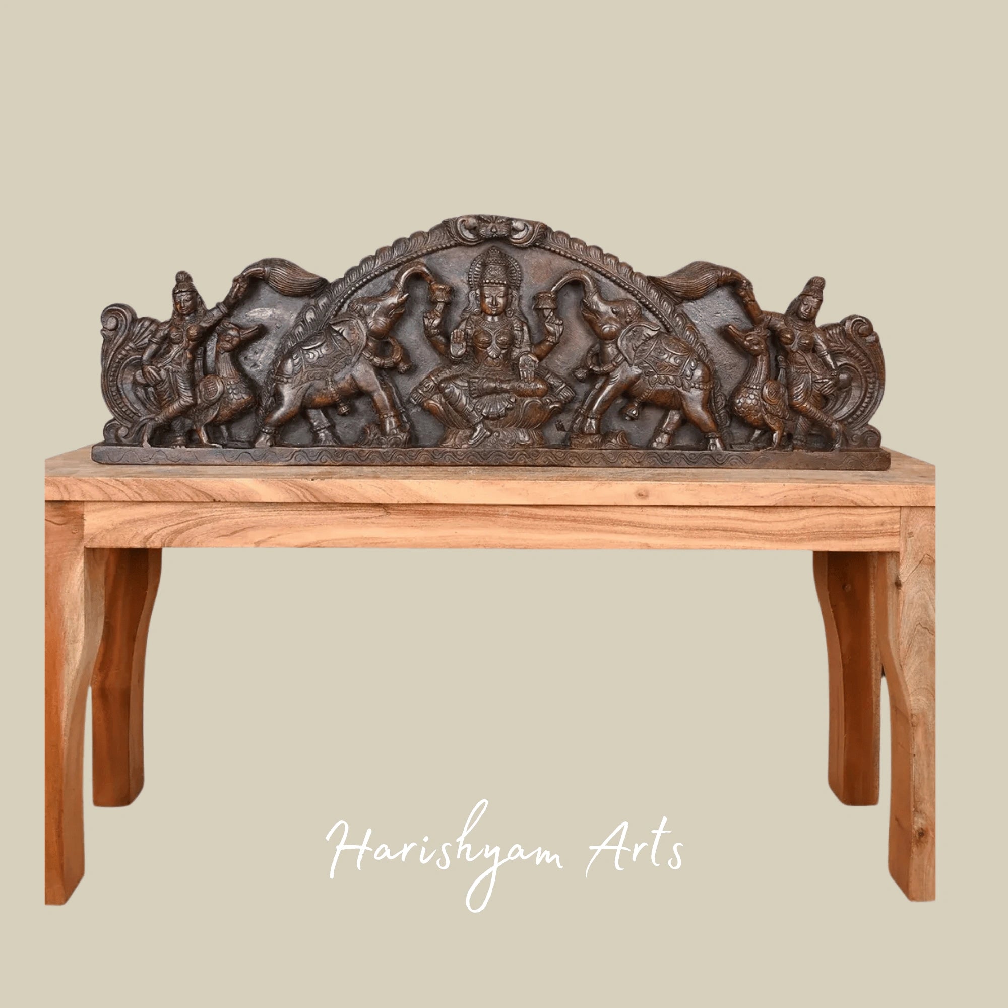 45" Handcrafted GajaLakshmi Wooden Arch Panel with Elephants & Attendants