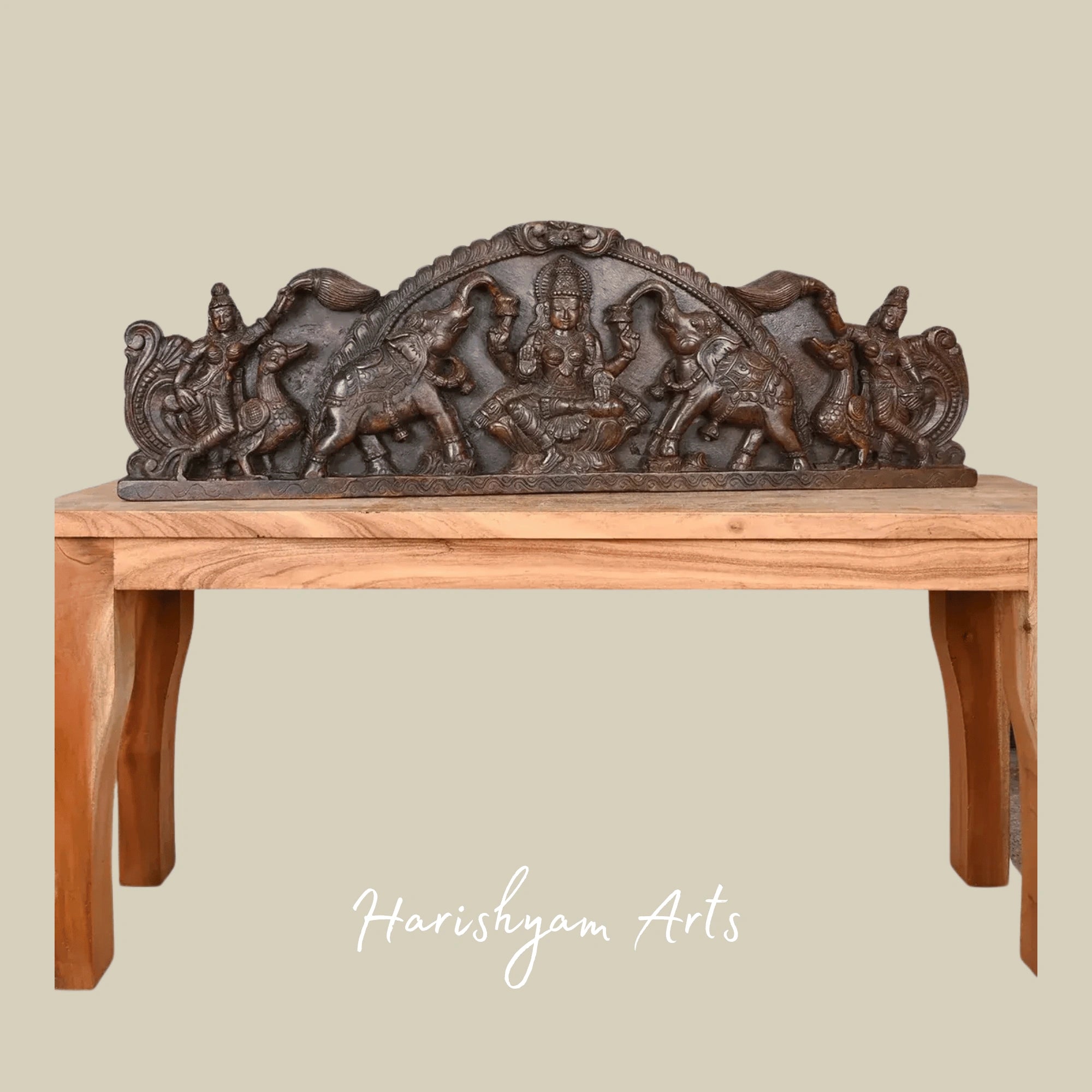 45" Handcrafted GajaLakshmi Wooden Arch Panel with Elephants & Attendants