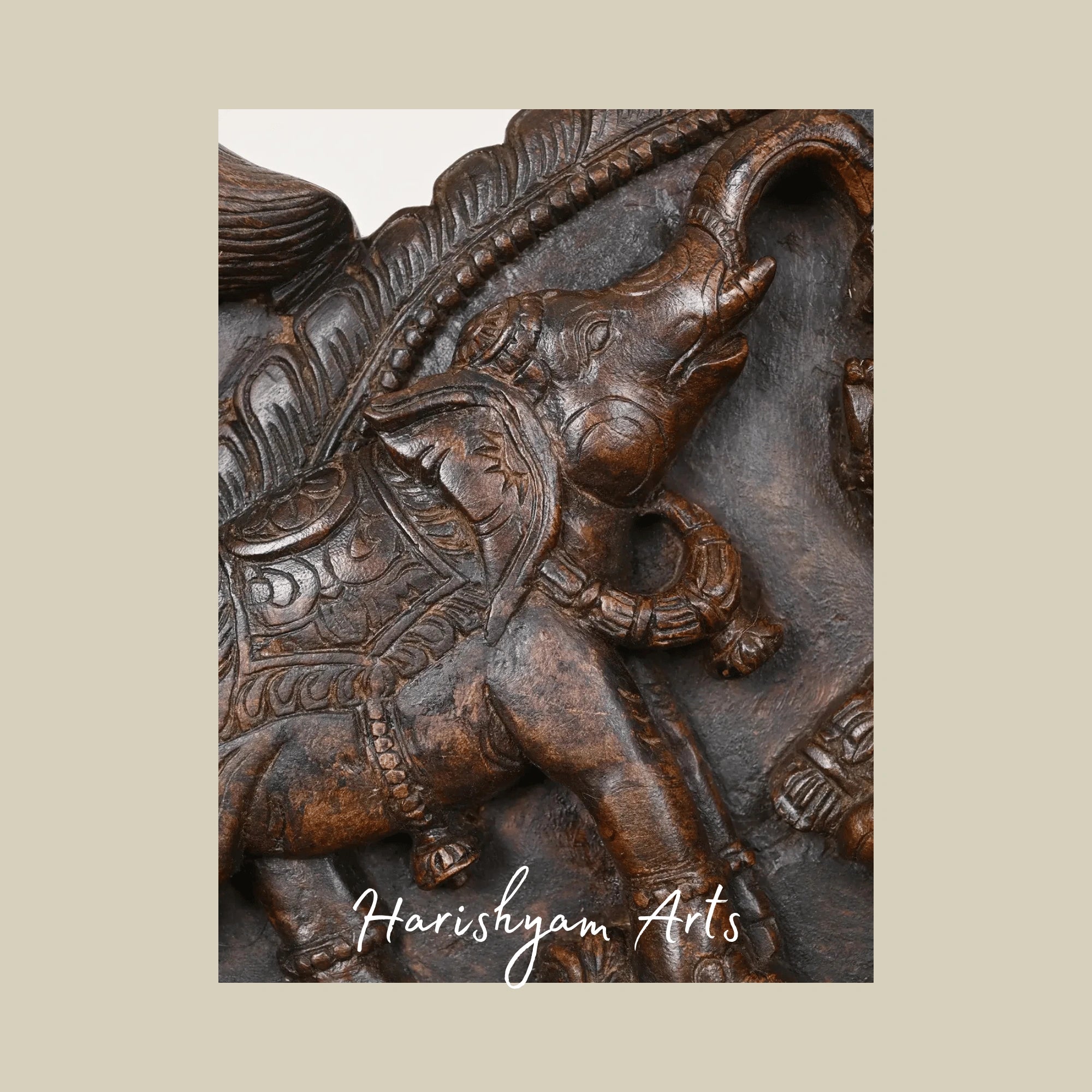 45" Handcrafted GajaLakshmi Wooden Arch Panel with Elephants & Attendants