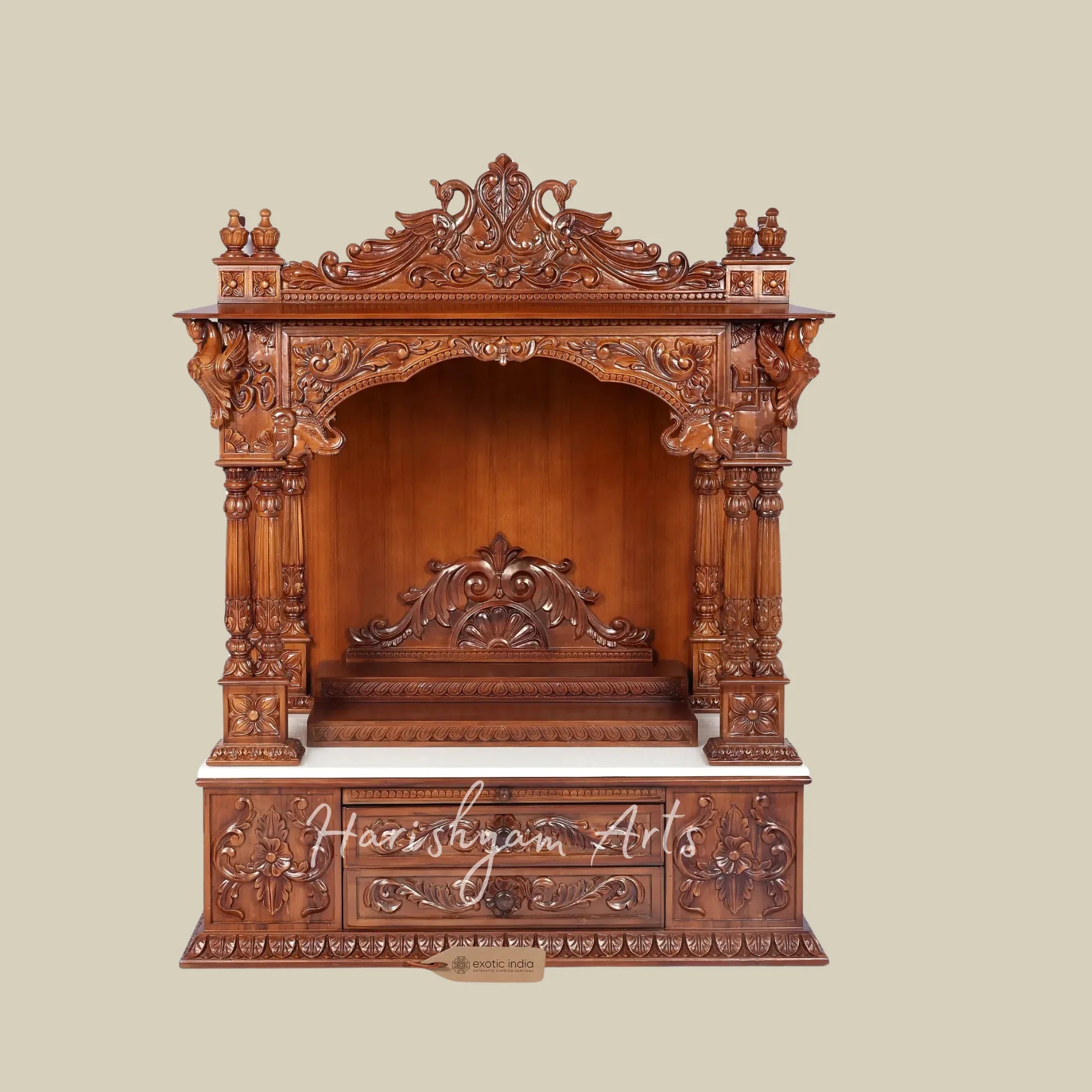 45" Teak Wooden Pooja Mandir with Ornate Carving and Double Drawers for Home Temple