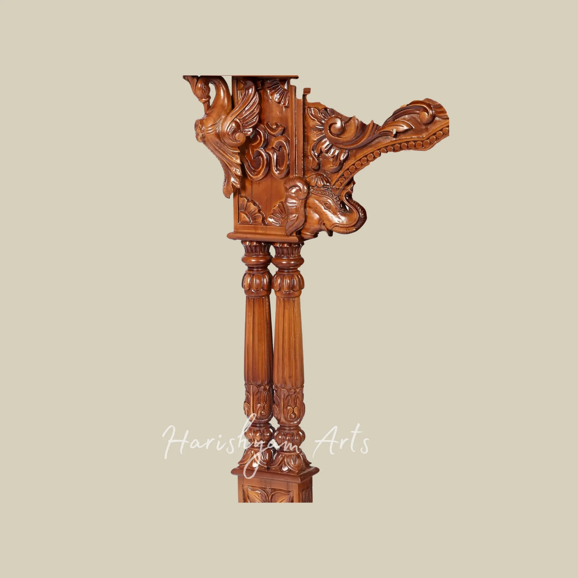 45" Teak Wooden Pooja Mandir with Ornate Carving and Double Drawers for Home Temple