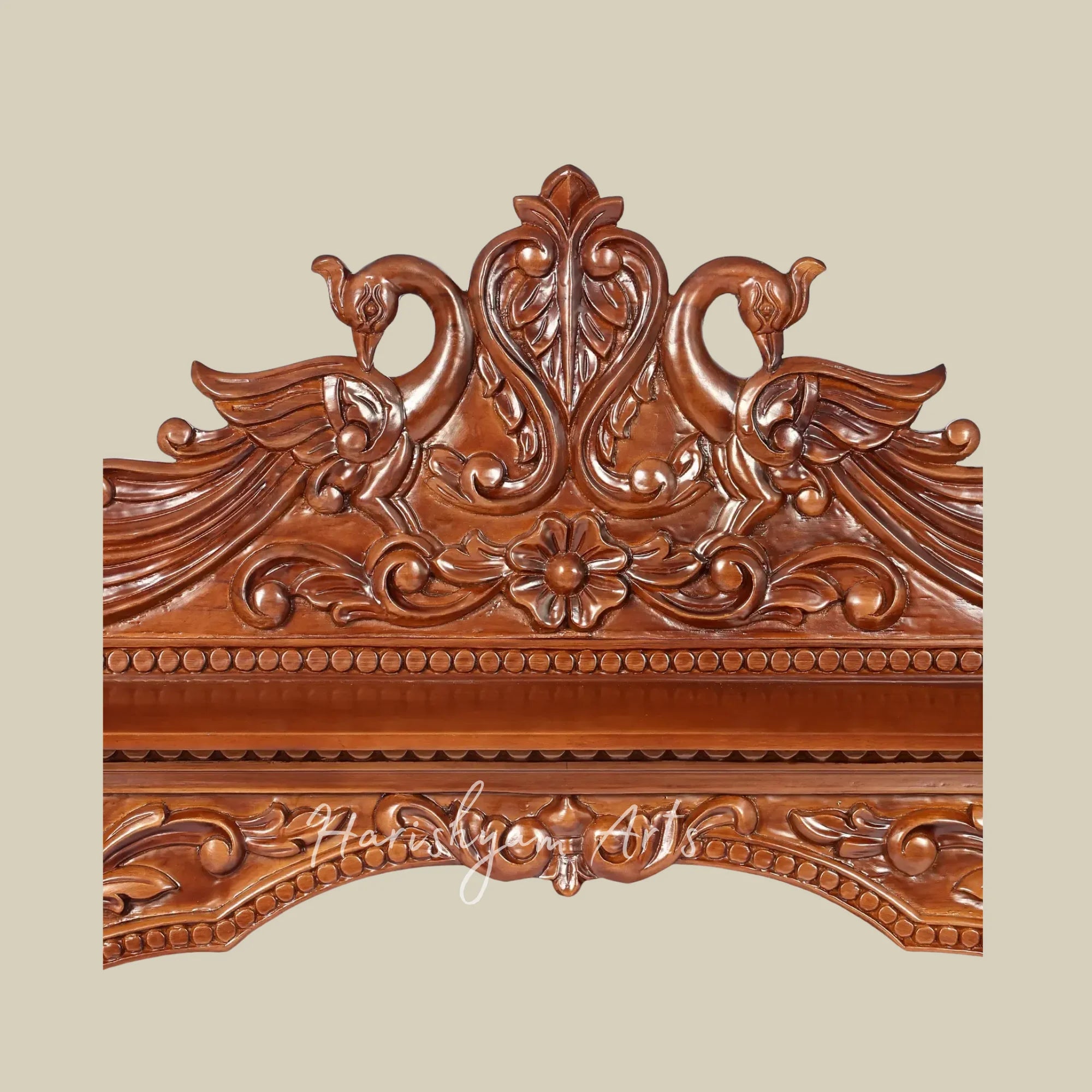 45" Teak Wooden Pooja Mandir with Ornate Carving and Double Drawers for Home Temple