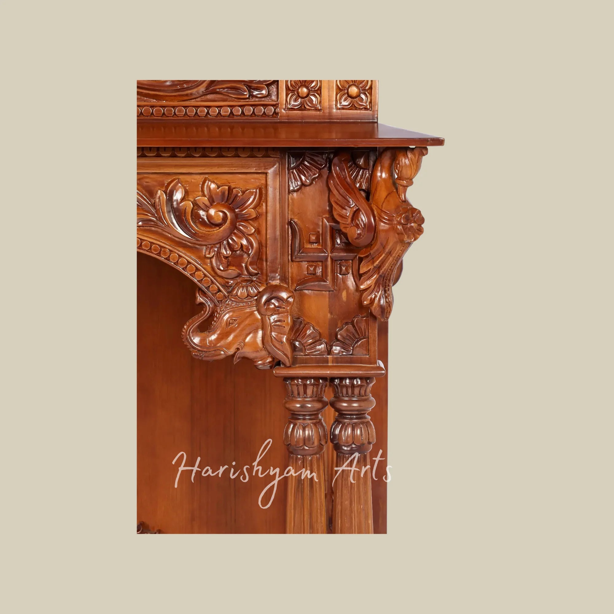 45" Teak Wooden Pooja Mandir with Ornate Carving and Double Drawers for Home Temple