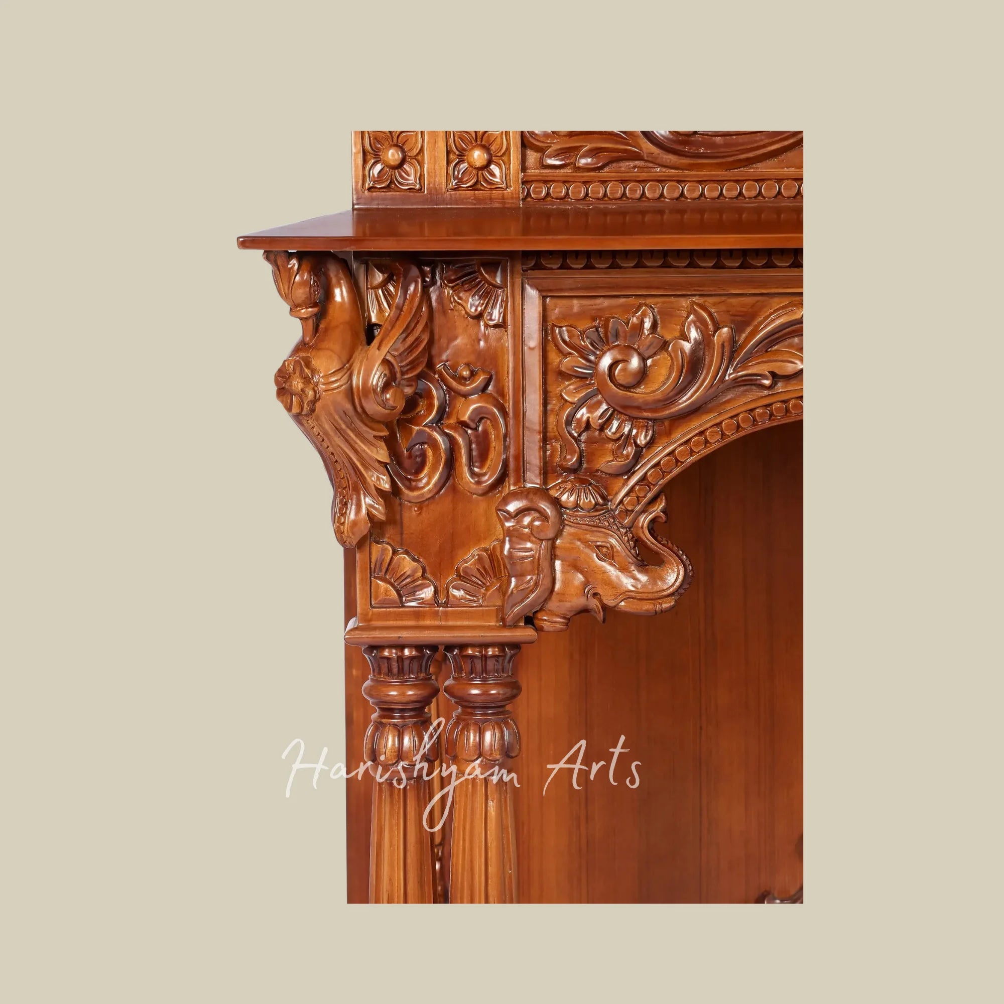 45" Teak Wooden Pooja Mandir with Ornate Carving and Double Drawers for Home Temple