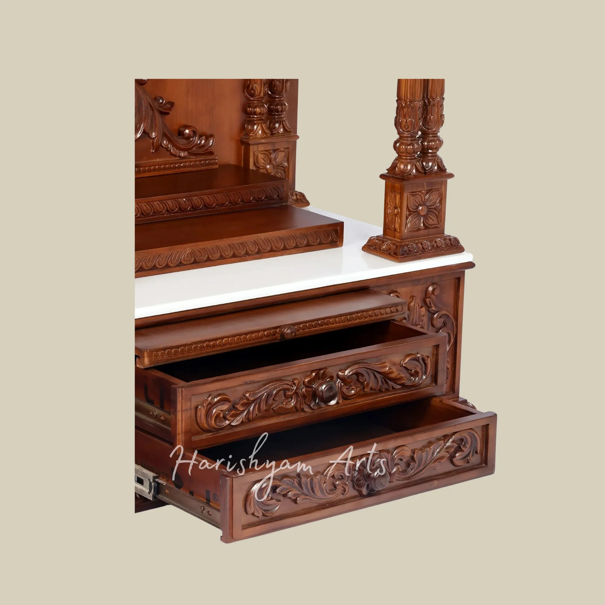 45" Teak Wooden Pooja Mandir with Ornate Carving and Double Drawers for Home Temple